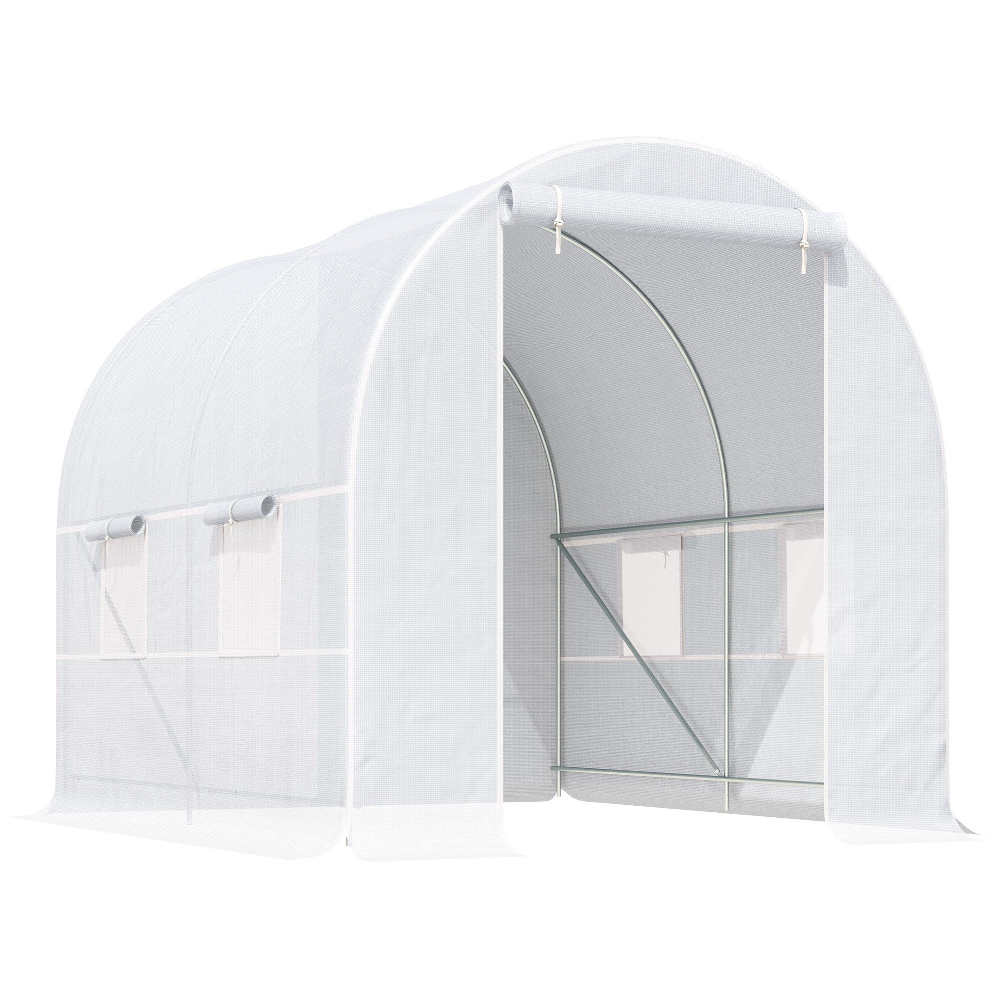 Outsunny Invernadero de Exterior 2,5x2x2 m Invernadero de Túnel con 4 Ventanas de Malla y Puerta Enrollable con Cremallera Invernadero de Huerto Anti-UV para Patio Jardín Blanco