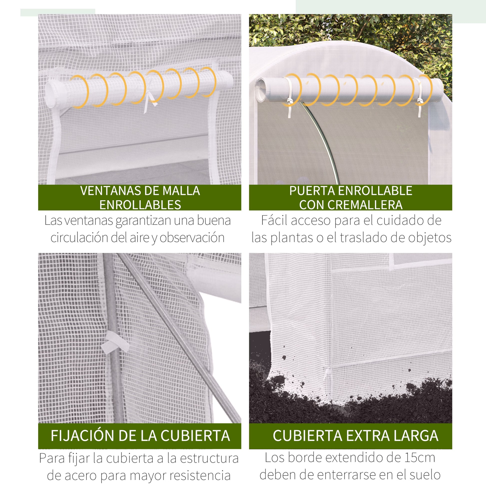 Outsunny Invernadero de Exterior 2,5x2x2 m Invernadero de Túnel con 4 Ventanas de Malla y Puerta Enrollable con Cremallera Invernadero de Huerto Anti-UV para Patio Jardín Blanco