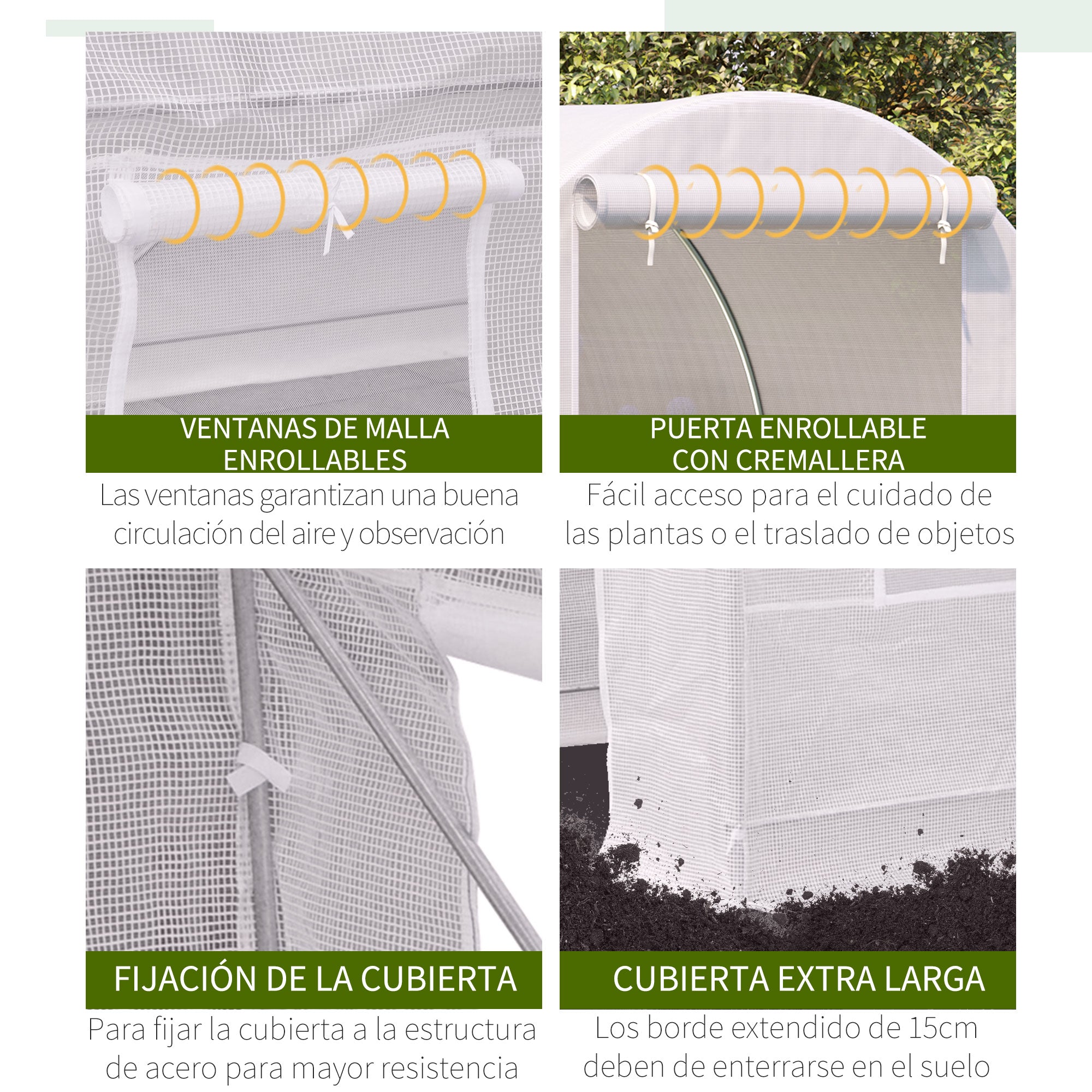 Outsunny Invernadero de Exterior 2,5x2x2 m Invernadero de Túnel con 4 Ventanas de Malla y Puerta Enrollable con Cremallera Invernadero de Huerto Anti-UV para Patio Jardín Blanco