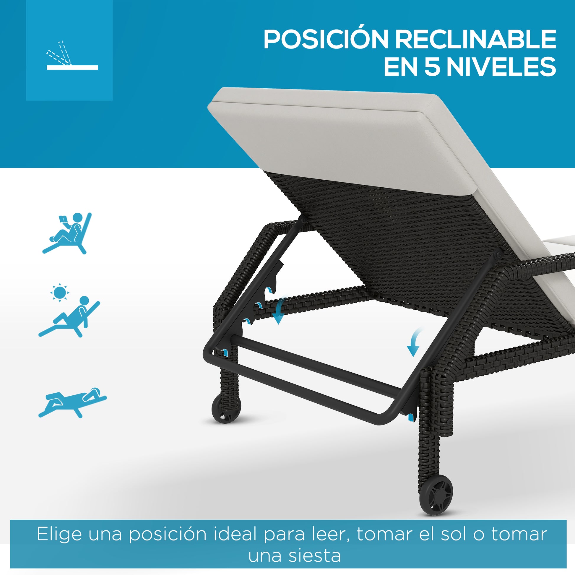 Outsunny Tumbona de Ratán Chaise Longue de Jardín con Respaldo Ajustable en 5 Posiciones Cojín Acolchado y 2 Ruedas Carga 120 kg 73x200x48 cm Crema y Negro