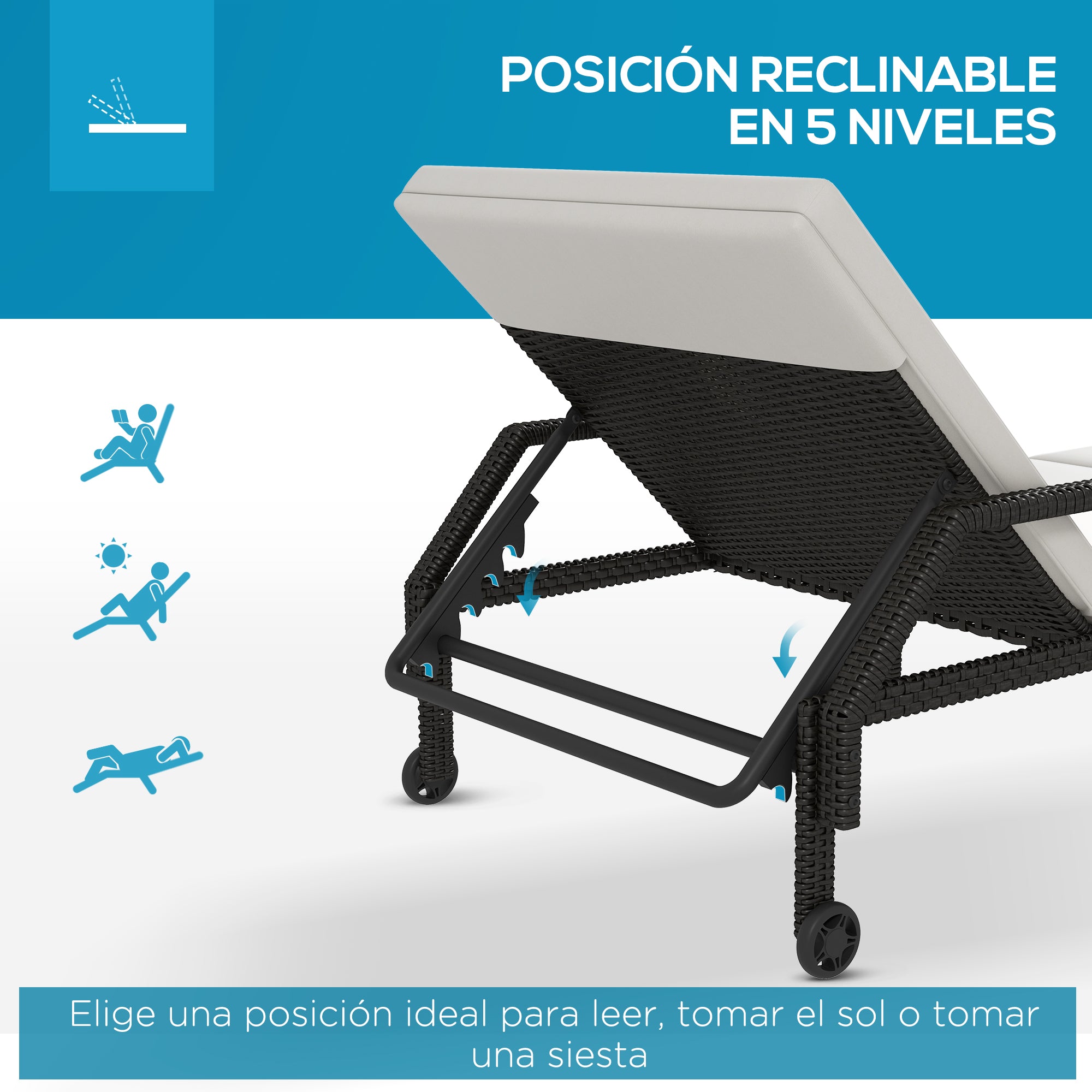 Outsunny Tumbona de Ratán Chaise Longue de Jardín con Respaldo Ajustable en 5 Posiciones Cojín Acolchado y 2 Ruedas Carga 120 kg 73x200x48 cm Crema y Negro
