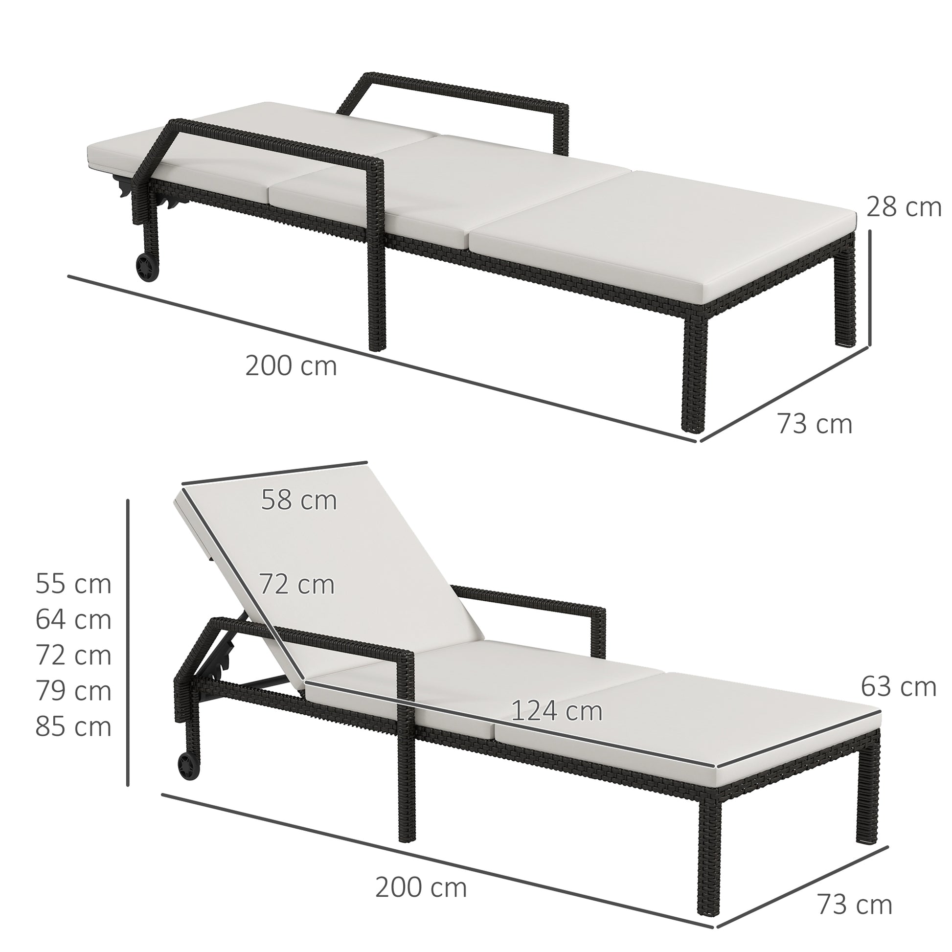 Outsunny Tumbona de Ratán Chaise Longue de Jardín con Respaldo Ajustable en 5 Posiciones Cojín Acolchado y 2 Ruedas Carga 120 kg 73x200x48 cm Crema y Negro