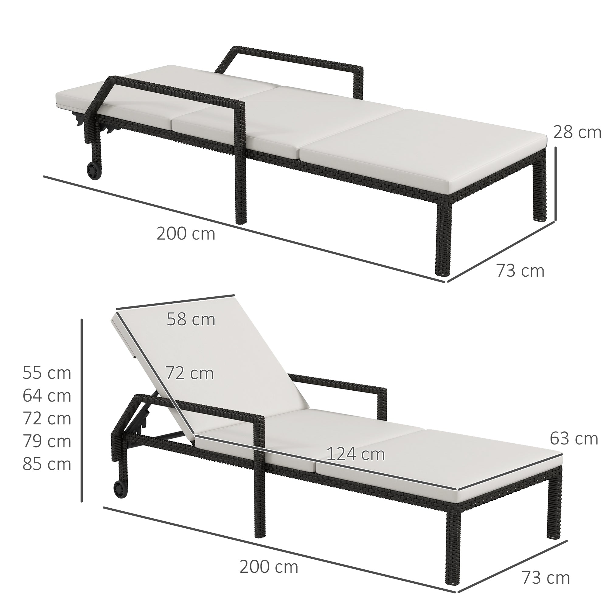 Outsunny Tumbona de Ratán Chaise Longue de Jardín con Respaldo Ajustable en 5 Posiciones Cojín Acolchado y 2 Ruedas Carga 120 kg 73x200x48 cm Crema y Negro