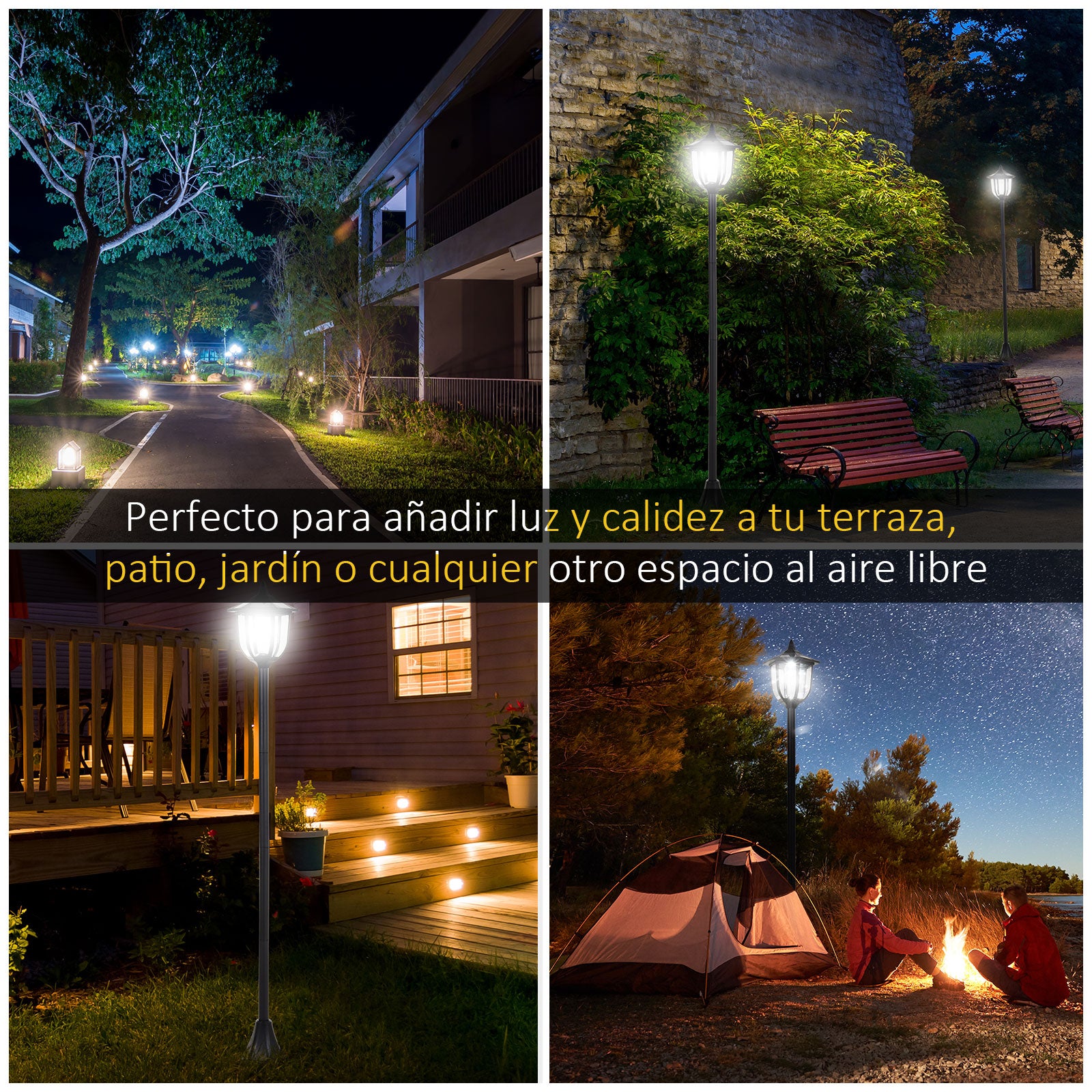 Outsunny Conjunto de 2 Farolas Solares Luces de Solar para Jardín con Paneles Solares Luces LED Inteligentes y Protección al Ambiente para Terraza Patio 15x15x120 cm Negro