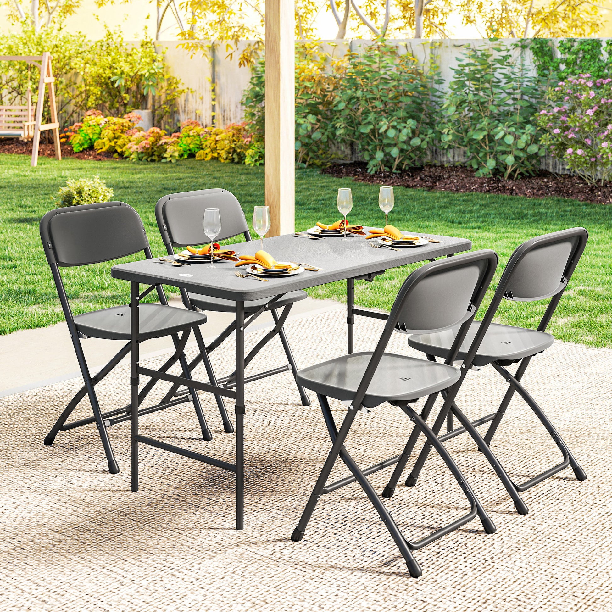 Outsunny Conjunto de Mesa y Sillas Jardín de 5 Piezas, Muebles de Jardín Exterior con Mesa Plegable Ajustable de 55 a 74 cm, 4 Sillas Plegables y Encimera de HDPE, para Terraza Patio, Gris Oscuro