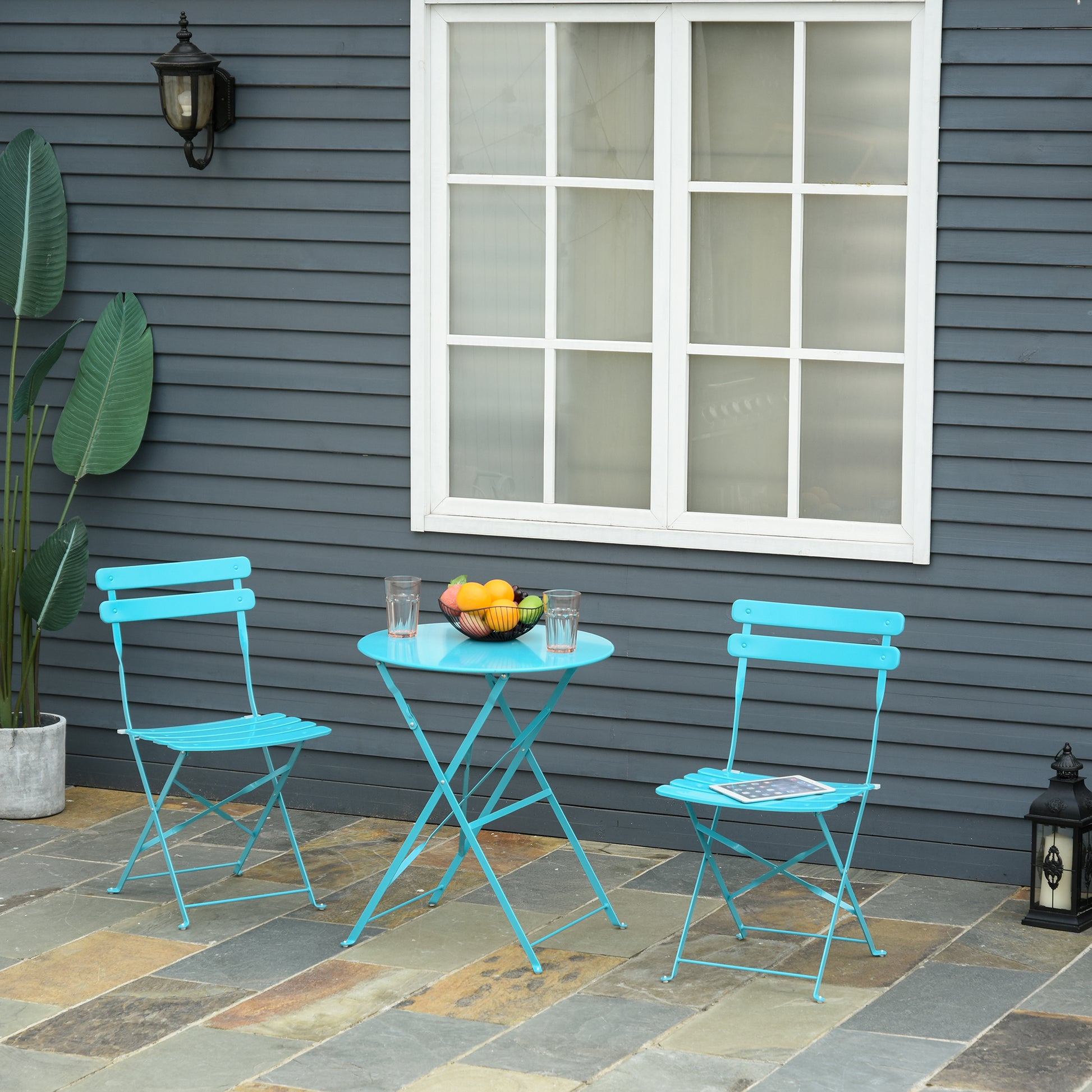 Outsunny Conjunto Muebles Plegables de Jardín de 3 piezas Mesa y 2 Sillas de Metal para Balcón Terraza Exteriores Ø60x71 cm Azul