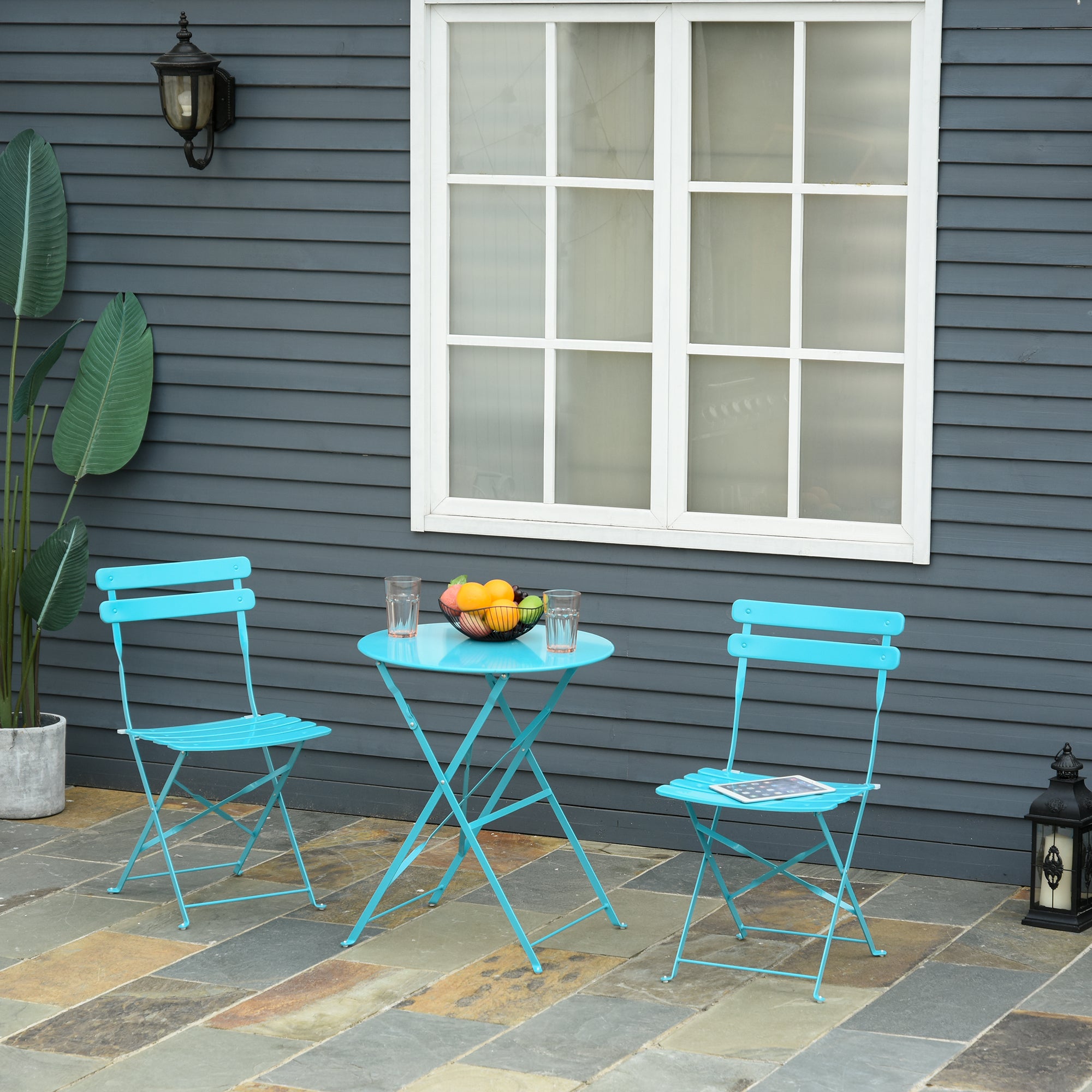 Outsunny Conjunto Muebles Plegables de Jardín de 3 piezas Mesa y 2 Sillas de Metal para Balcón Terraza Exteriores Ø60x71 cm Azul
