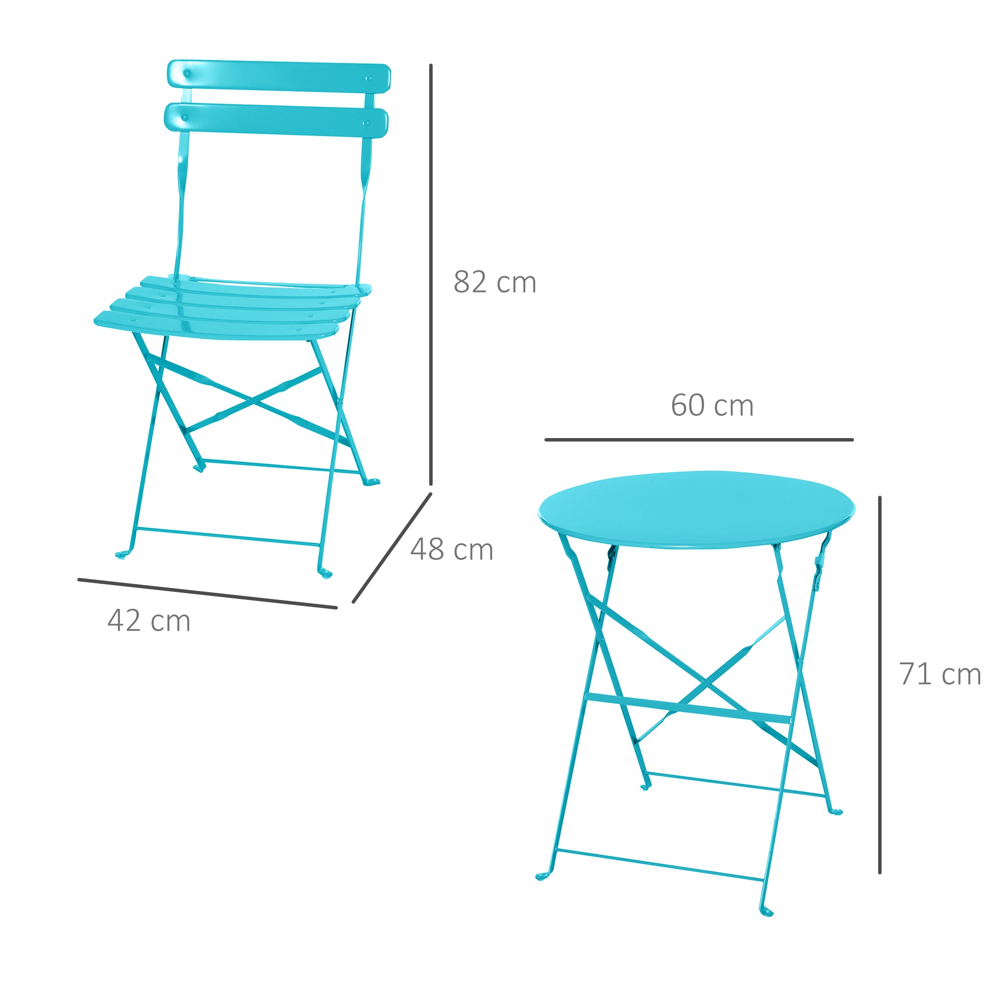 Outsunny Conjunto Muebles Plegables de Jardín de 3 piezas Mesa y 2 Sillas de Metal para Balcón Terraza Exteriores Ø60x71 cm Azul