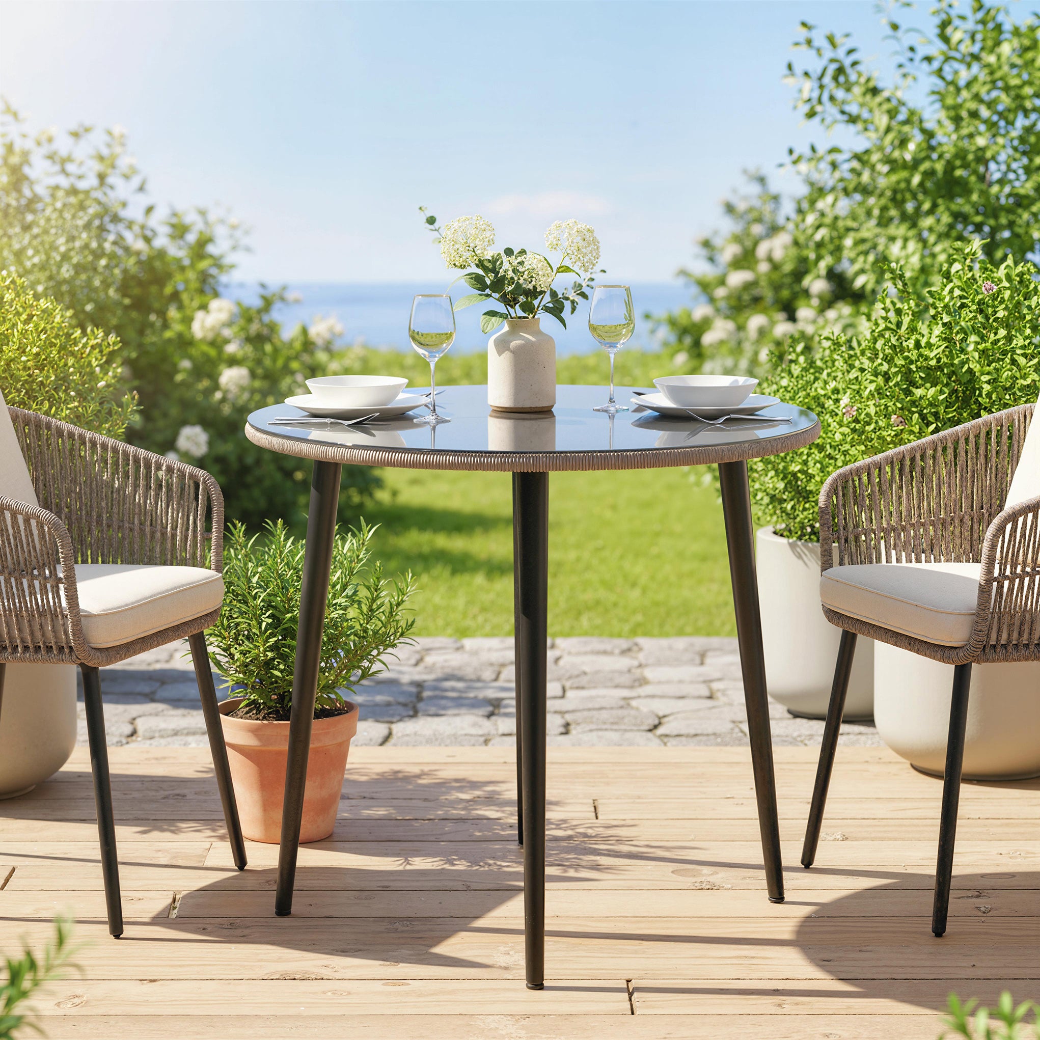 Outsunny Mesa de Comedor de Jardín Redonda, Mesa de Terraza Exterior 80x80x74 cm, con Tablero de Vidrio Templado con Borde de Ratán, Estructura de Acero, Carga 50 kg, para Patio, Balcón, Gris