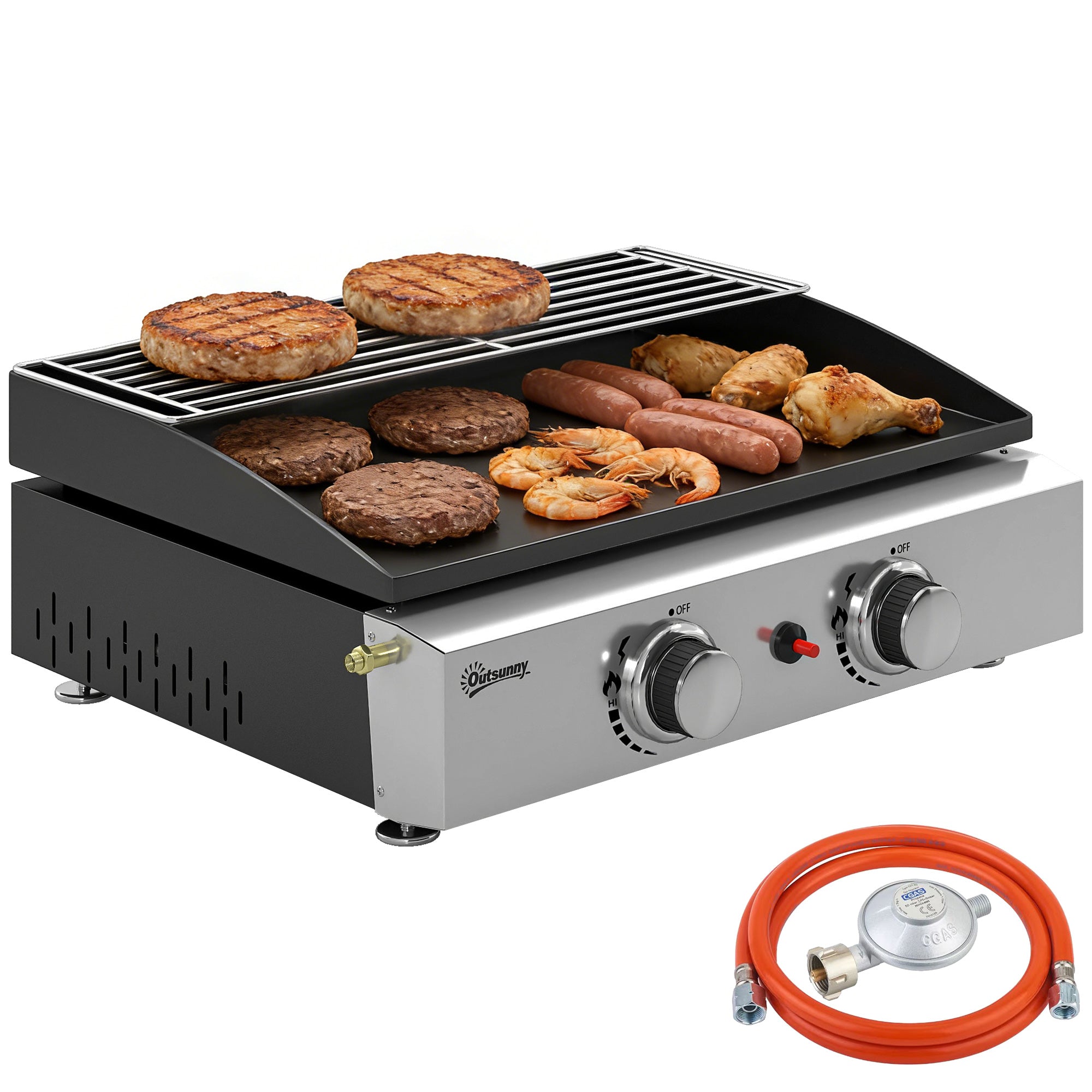 Outsunny Barbacoa de Gas BBQ Gas con 2 Quemadores 5 kW, Barbacoa Portátil con Plancha, Rejilla Calentadora y Recogedor Grasa, para Camping, Picnic, Terraza, Negro