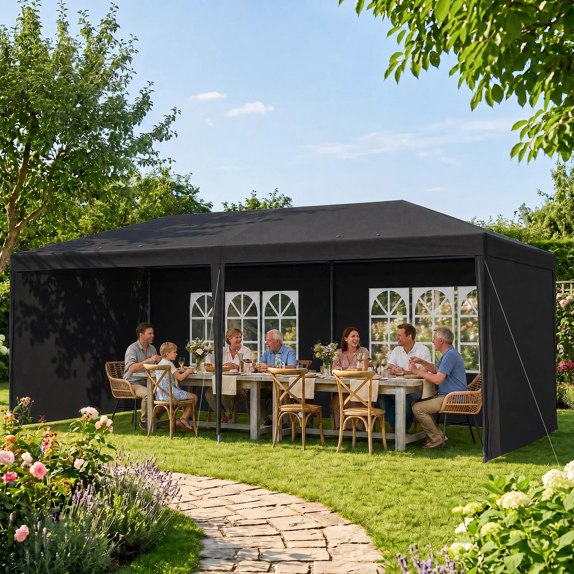 Outsunny Carpa de Jardín 6x3 m Cenador Pabellón de Jardín con 4 Paredes Laterales y 2 Ventanas Visibles, Marco de Acero, Anti-UV, Impermeable, Gazebo para Patio, Exterior, Camping, Gris Oscuro
