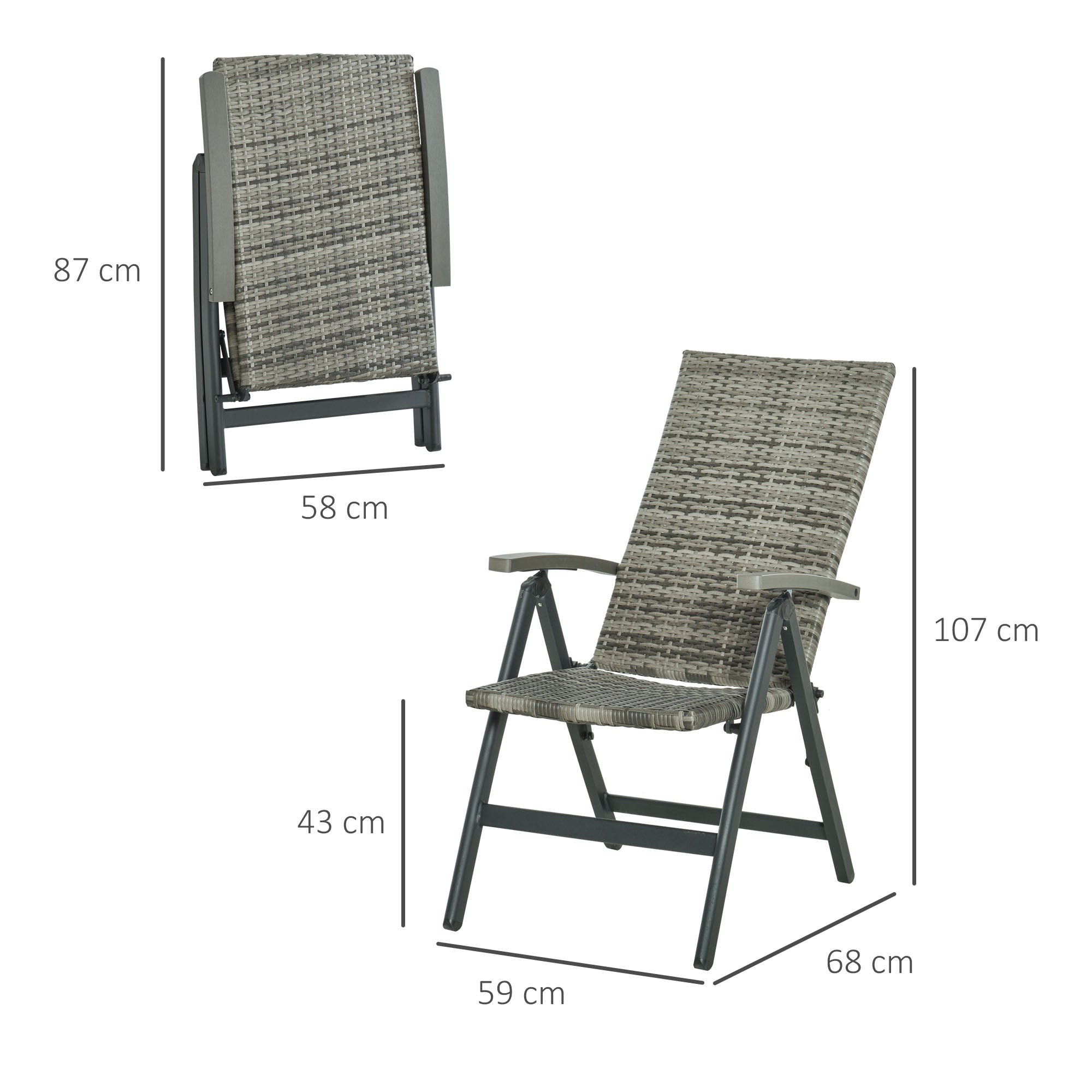 Outsunny Silla Plegable de Ratán con 5 Posiciones Silla Reclinable de Aluminio para Jardín Balcón Terraza Exterior Carga 160 kg 59x68x107 cm Gris