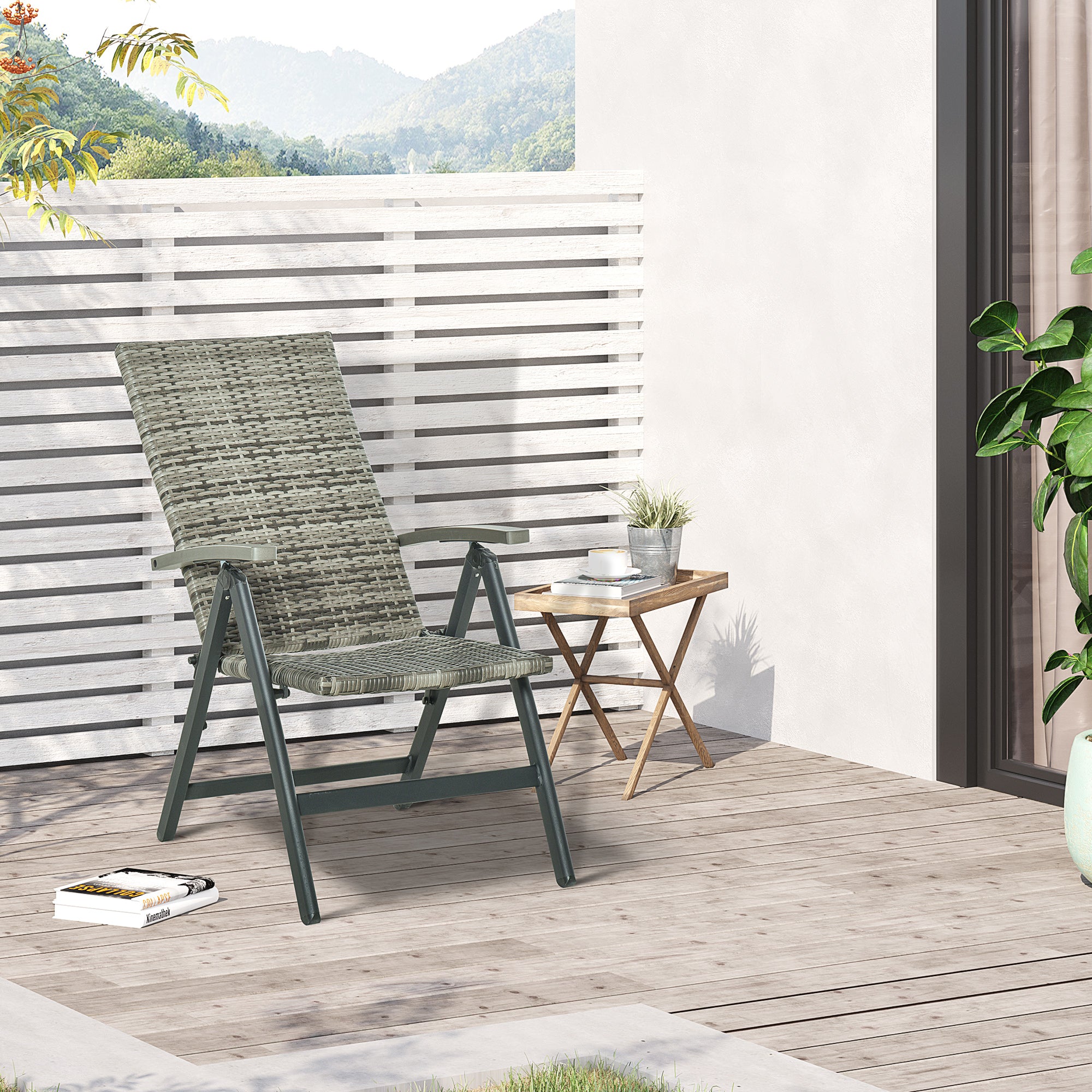 Outsunny Silla Plegable de Ratán con 5 Posiciones Silla Reclinable de Aluminio para Jardín Balcón Terraza Exterior Carga 160 kg 59x68x107 cm Gris