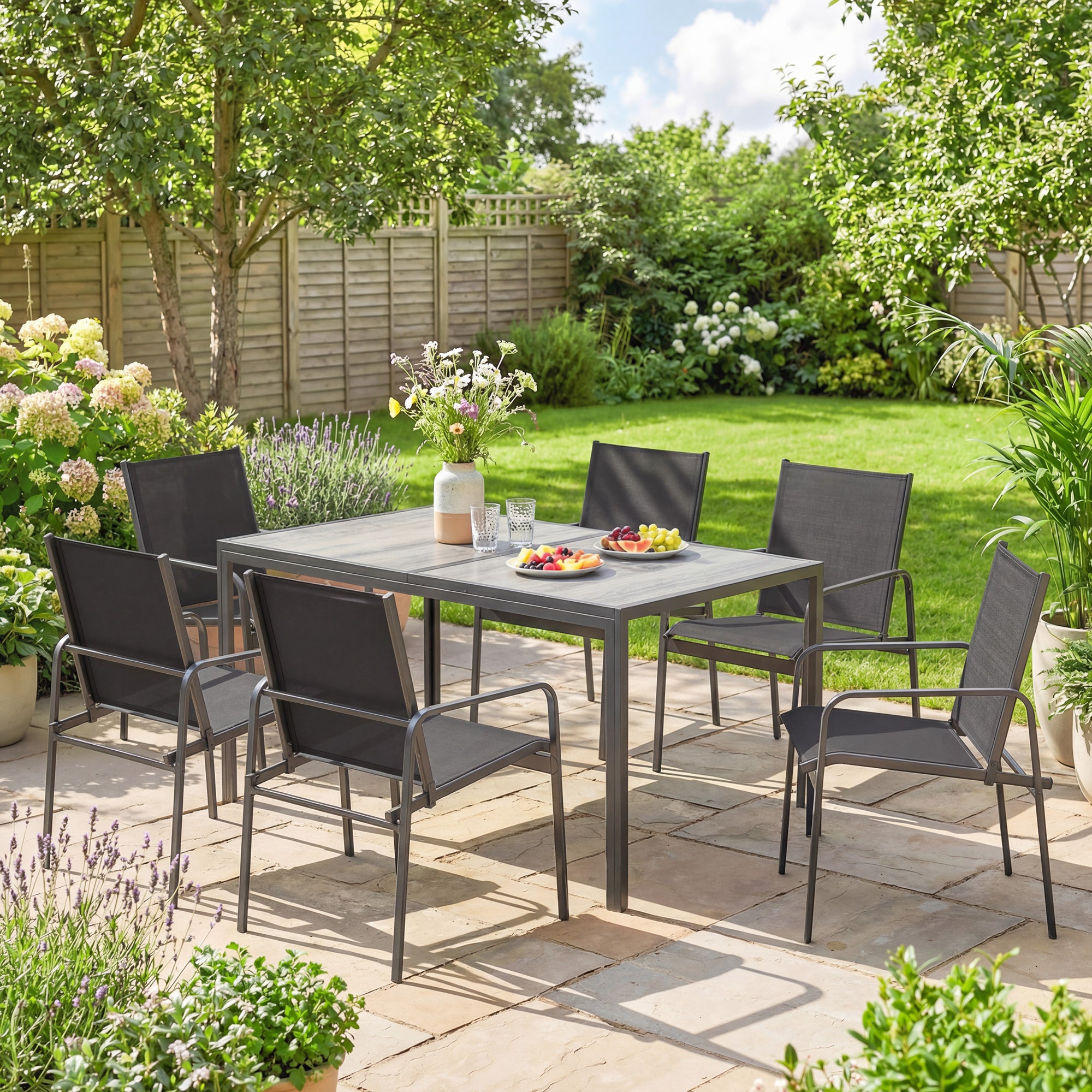 Outsunny Conjunto de Mesa y Sillas Jardín de 7 Piezas, Muebles de Jardín Exterior con Mesa de Efecto Madera y 6 Sillas con Asiento Transpirable, Marco de Acero Galvanizado, para Terraza, Patio, Negro