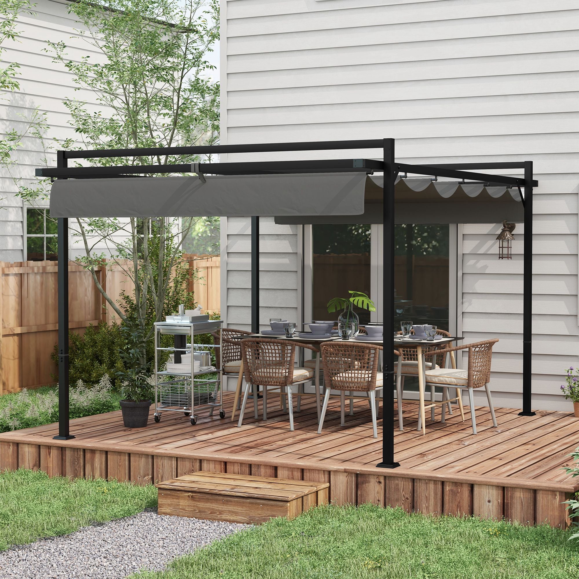 Outsunny Pérgola 3x4 m Gazebo Cenador de Jardín con Techo Retráctil de Poliéster y 12 Orificios de Drenaje Pérgola para Patio Terraza Exterior Gris Oscuro