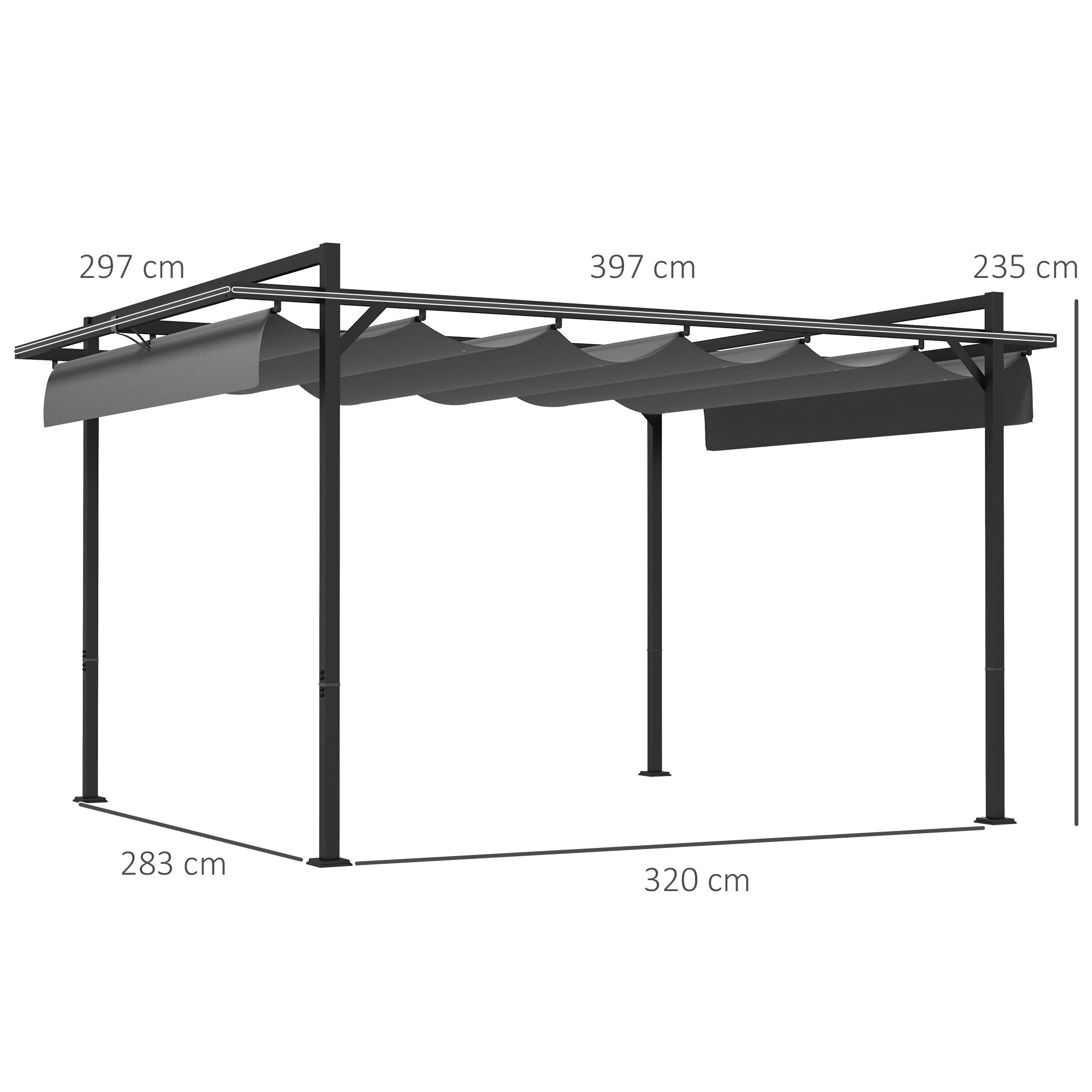Outsunny Pérgola 3x4 m Gazebo Cenador de Jardín con Techo Retráctil de Poliéster y 12 Orificios de Drenaje Pérgola para Patio Terraza Exterior Gris Oscuro
