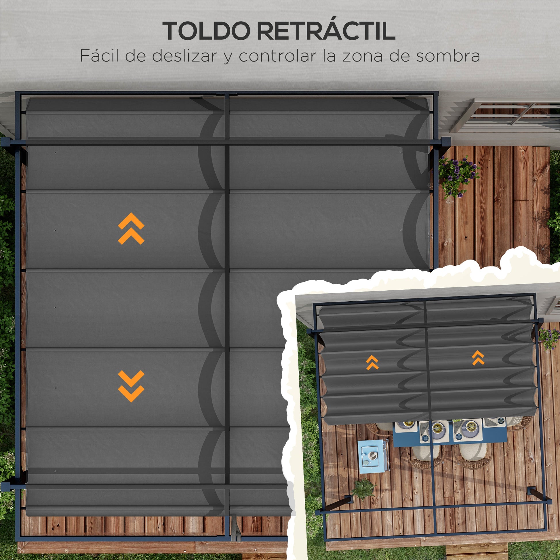 Outsunny Pérgola 3x4 m Gazebo Cenador de Jardín con Techo Retráctil de Poliéster y 12 Orificios de Drenaje Pérgola para Patio Terraza Exterior Gris Oscuro