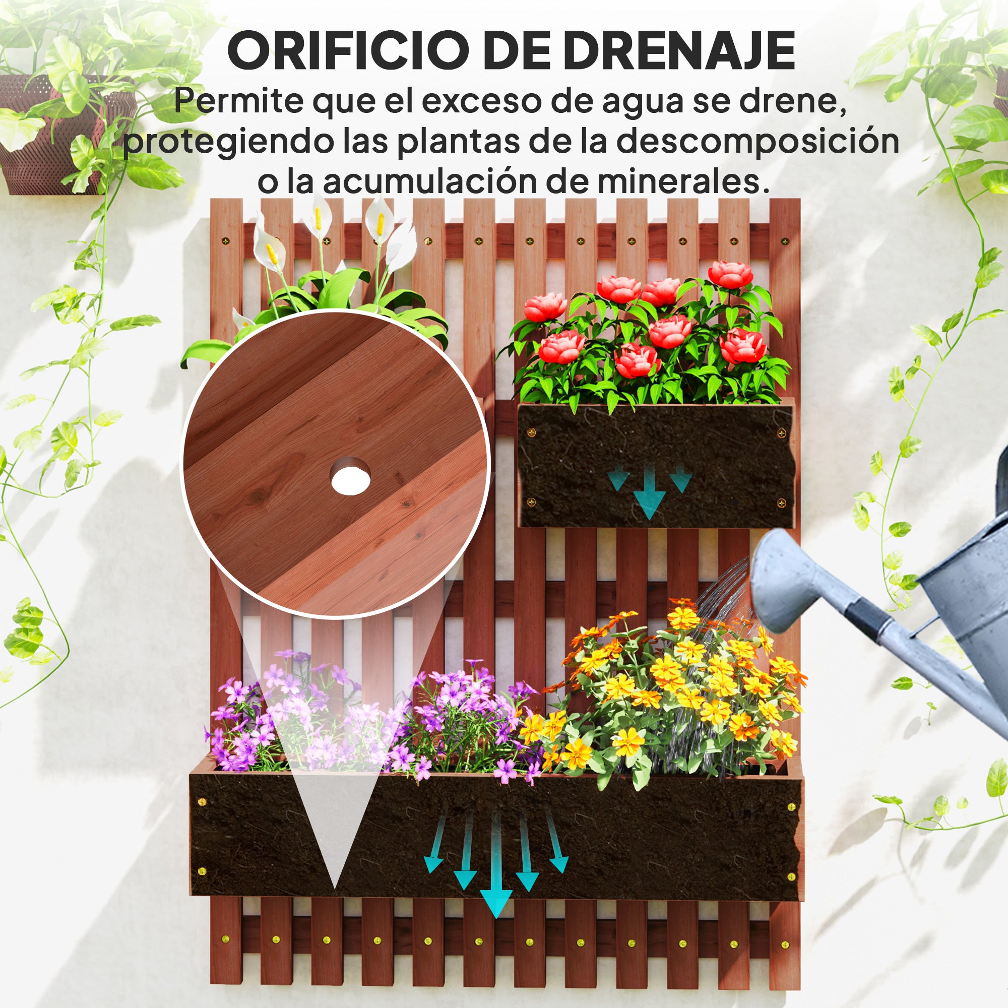 Outsunny Jardinera de Pared con Enrejado, Jardinera Exterior Grande de Madera con 3 Macetas Móviles y Orificio de Drenaje, para Exterior, Jardín, Terraza, Patio, 60x16x80 cm, Marrón