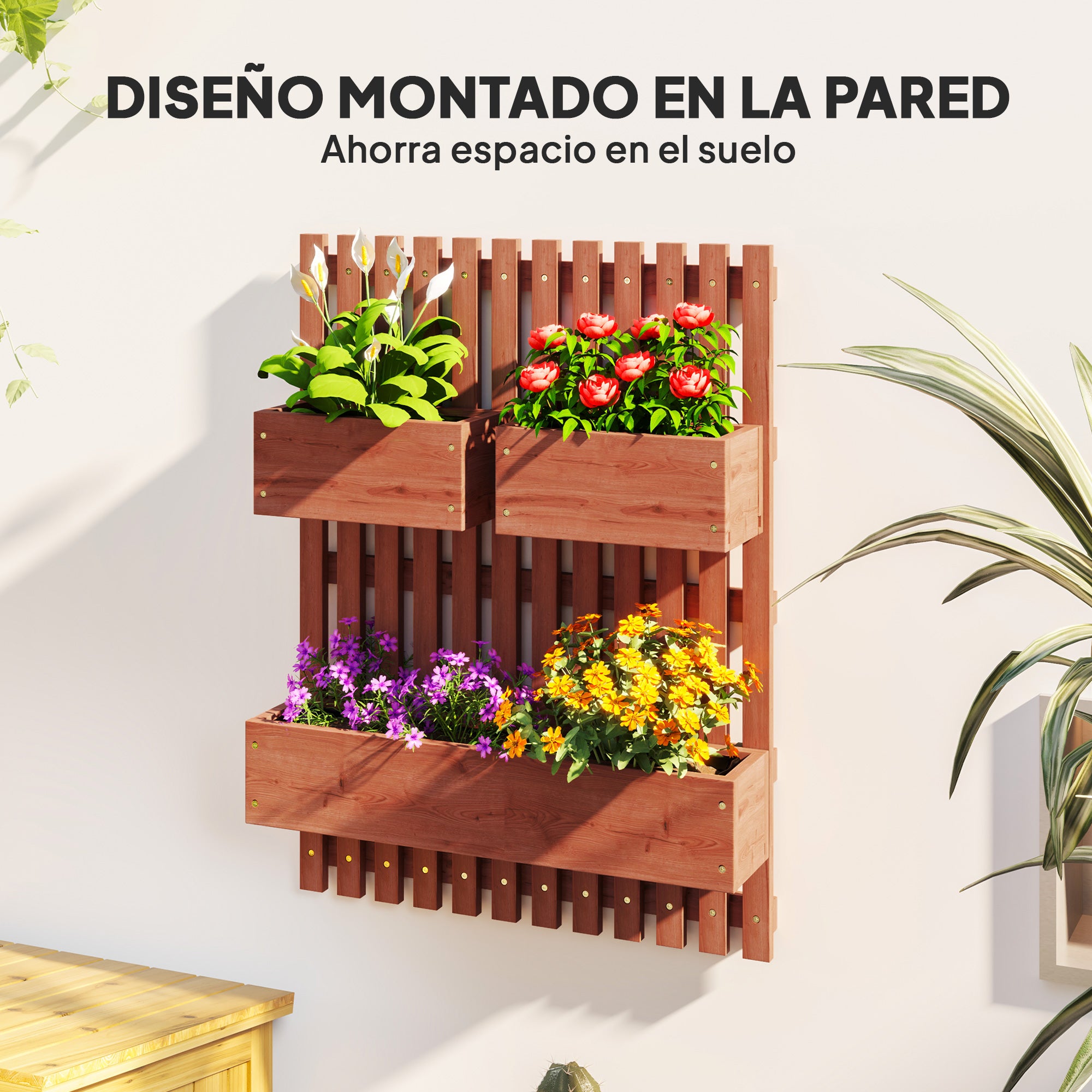 Outsunny Jardinera de Pared con Enrejado, Jardinera Exterior Grande de Madera con 3 Macetas Móviles y Orificio de Drenaje, para Exterior, Jardín, Terraza, Patio, 60x16x80 cm, Marrón