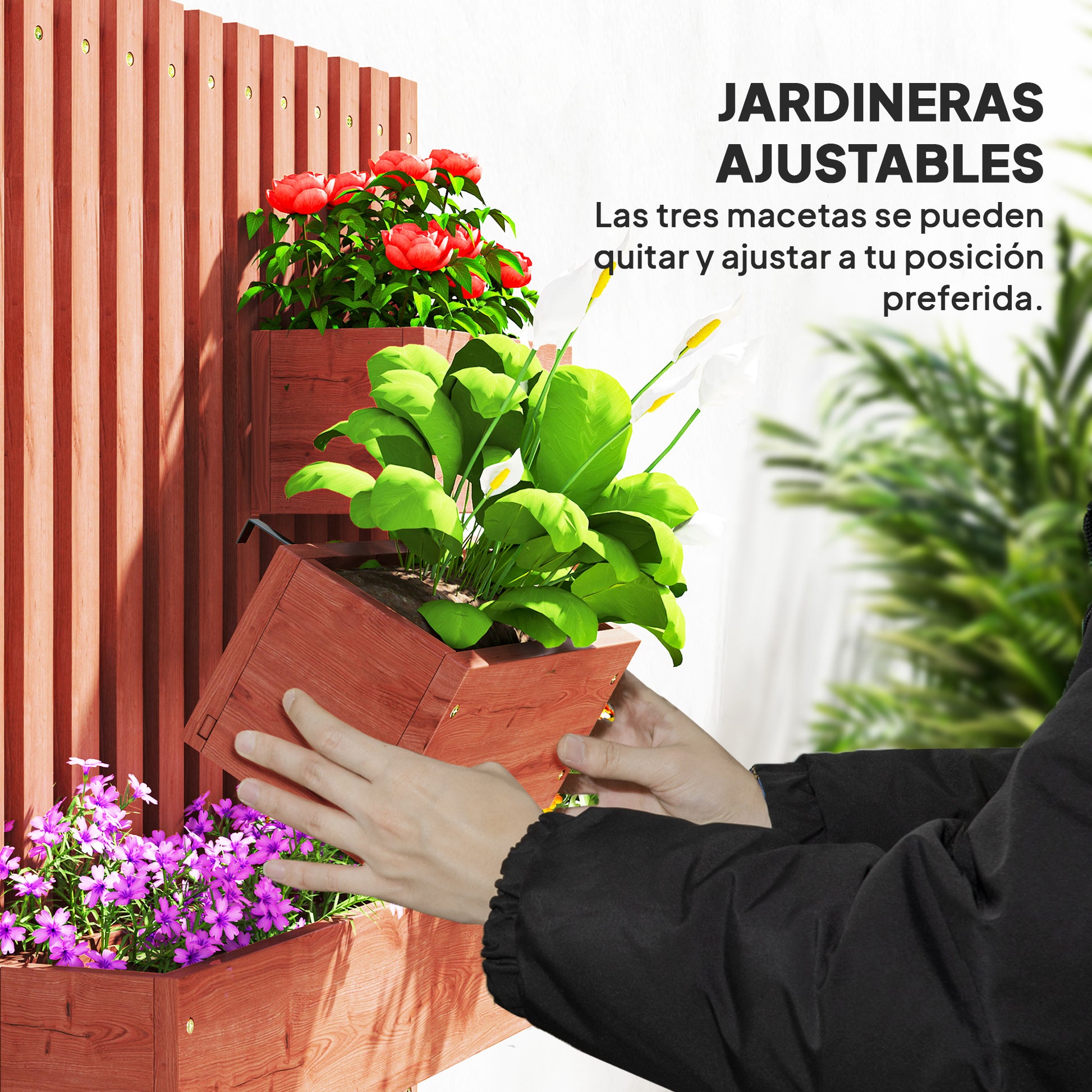 Outsunny Jardinera de Pared con Enrejado, Jardinera Exterior Grande de Madera con 3 Macetas Móviles y Orificio de Drenaje, para Exterior, Jardín, Terraza, Patio, 60x16x80 cm, Marrón