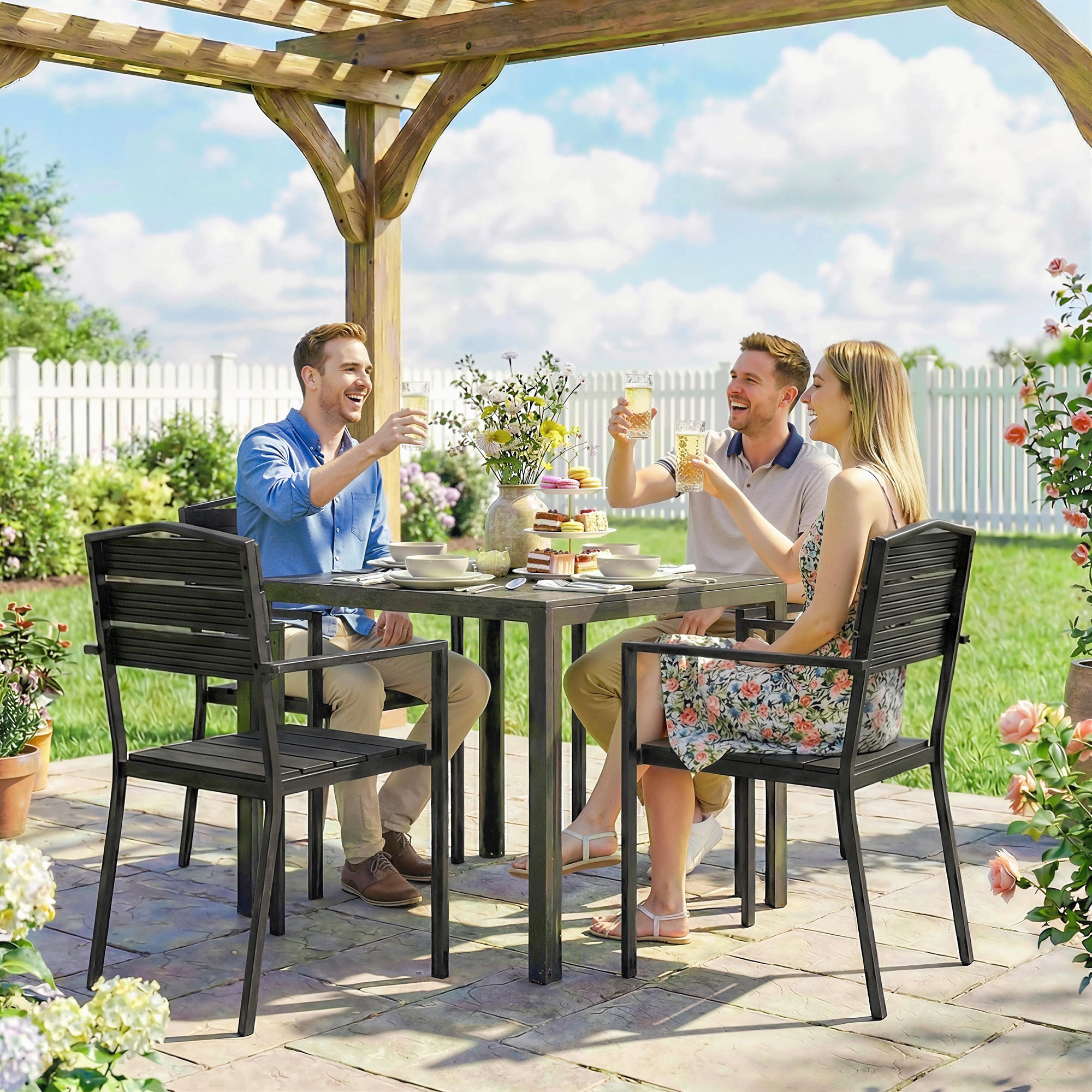 Outsunny Juego de 4 Sillas de Jardín Exterior Apilables, Sillas Terraza Exterior con Reposabrazos, Asiento y Respaldo de HDPE con Listones, Estructura Metálica Resistente, 52x51x90 cm, Negro