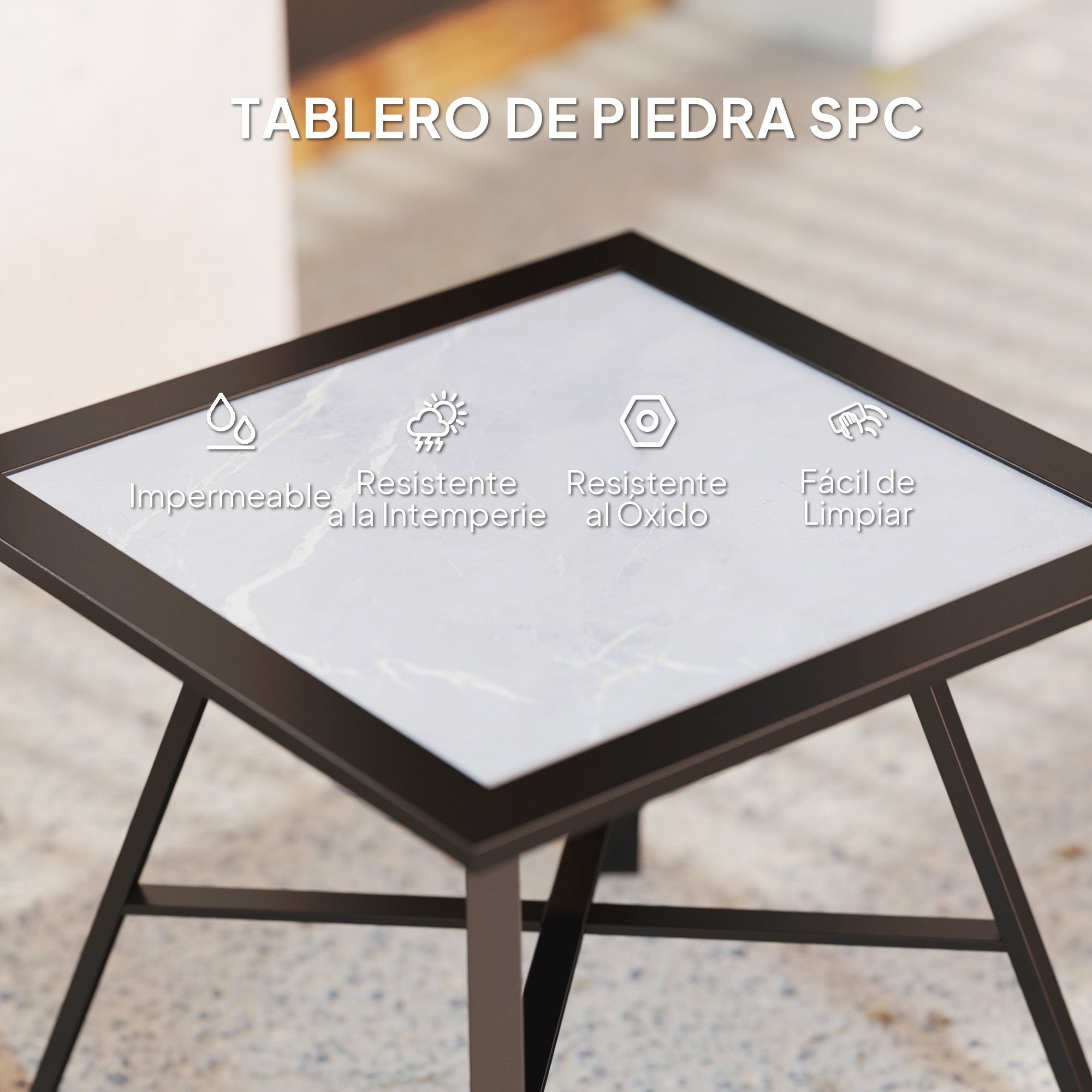 Outsunny Mesa Auxiliar Cuadrada Mesa de Jardín Exterior con Encimera de Aspecto Piedra Mesa para Exterior Terraza Patio 55x55x46 cm Negro y Gris