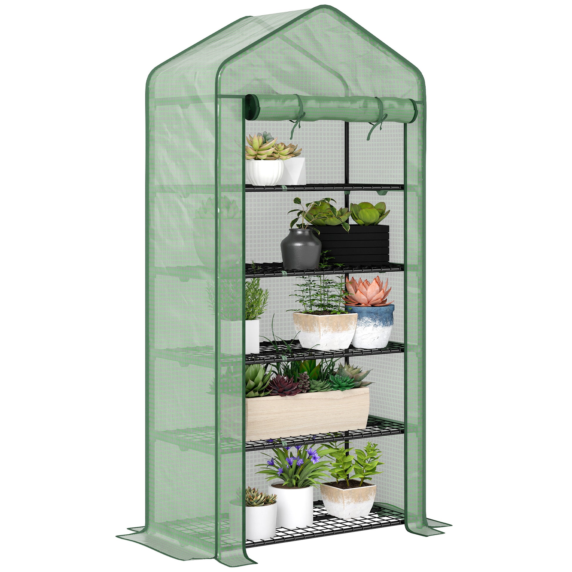 Outsunny Invernadero de Jardín de 5 Niveles Invernadero Resistente con 1 Puerta Enrollable con Cremallera Anti-UV Diseño Ensanchado y Estantes para Cultivo de Plantas Flores 90x49x193 cm Verde
