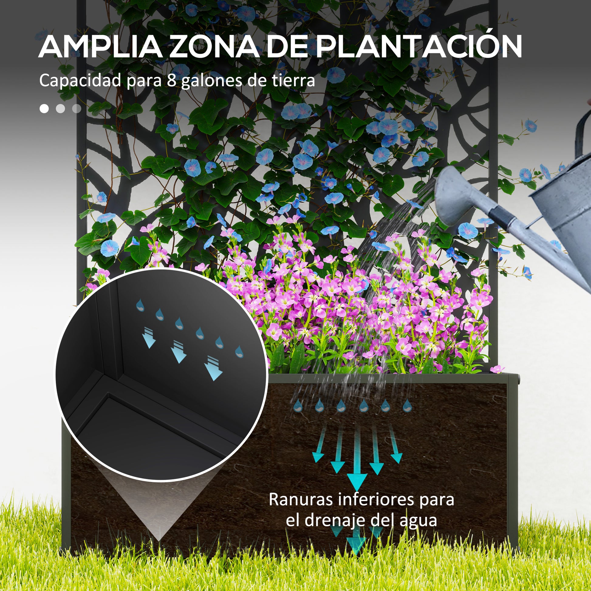 Outsunny Jardinera Exterior Grande de Metal Jardinera con Pantalla de Privacidad de Hojas Decorativas Jardinera de Pared o Independiente para Patio Terraza 61x23x113 cm Negro