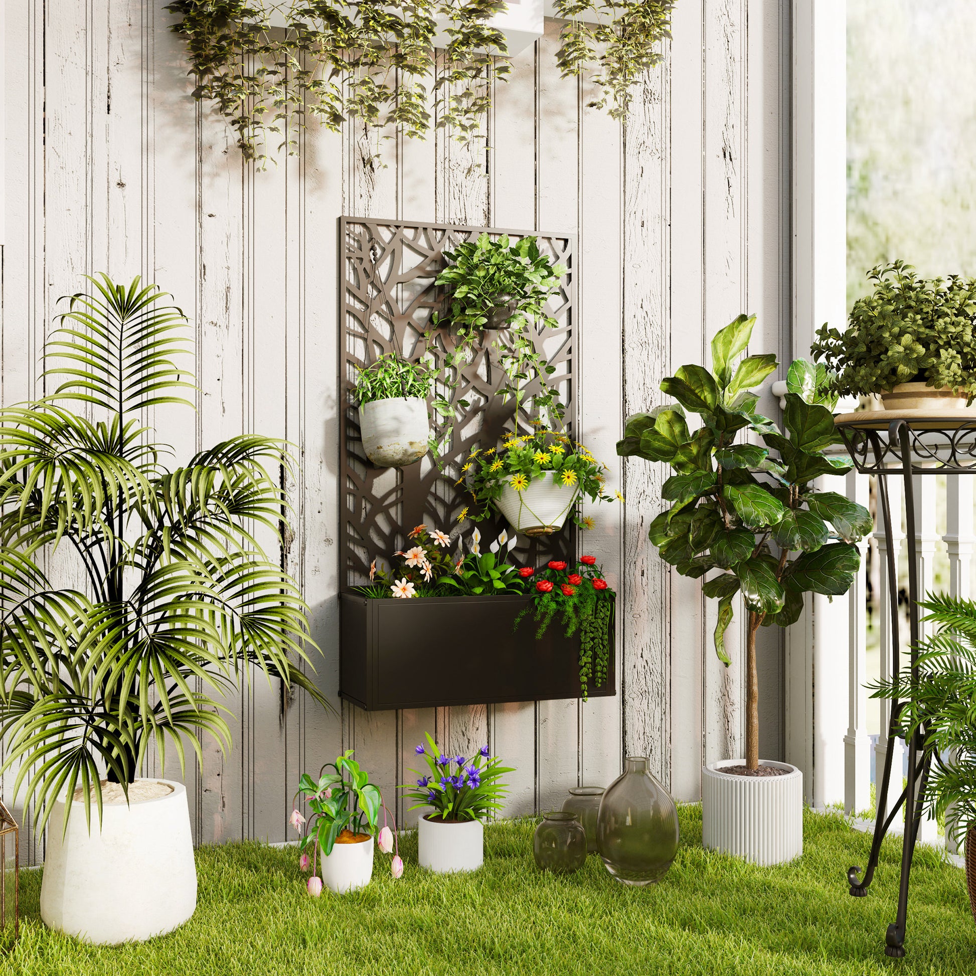 Outsunny Jardinera Exterior Grande de Metal Jardinera con Pantalla de Privacidad de Hojas Decorativas Jardinera de Pared o Independiente para Patio Terraza 61x23x113 cm Negro