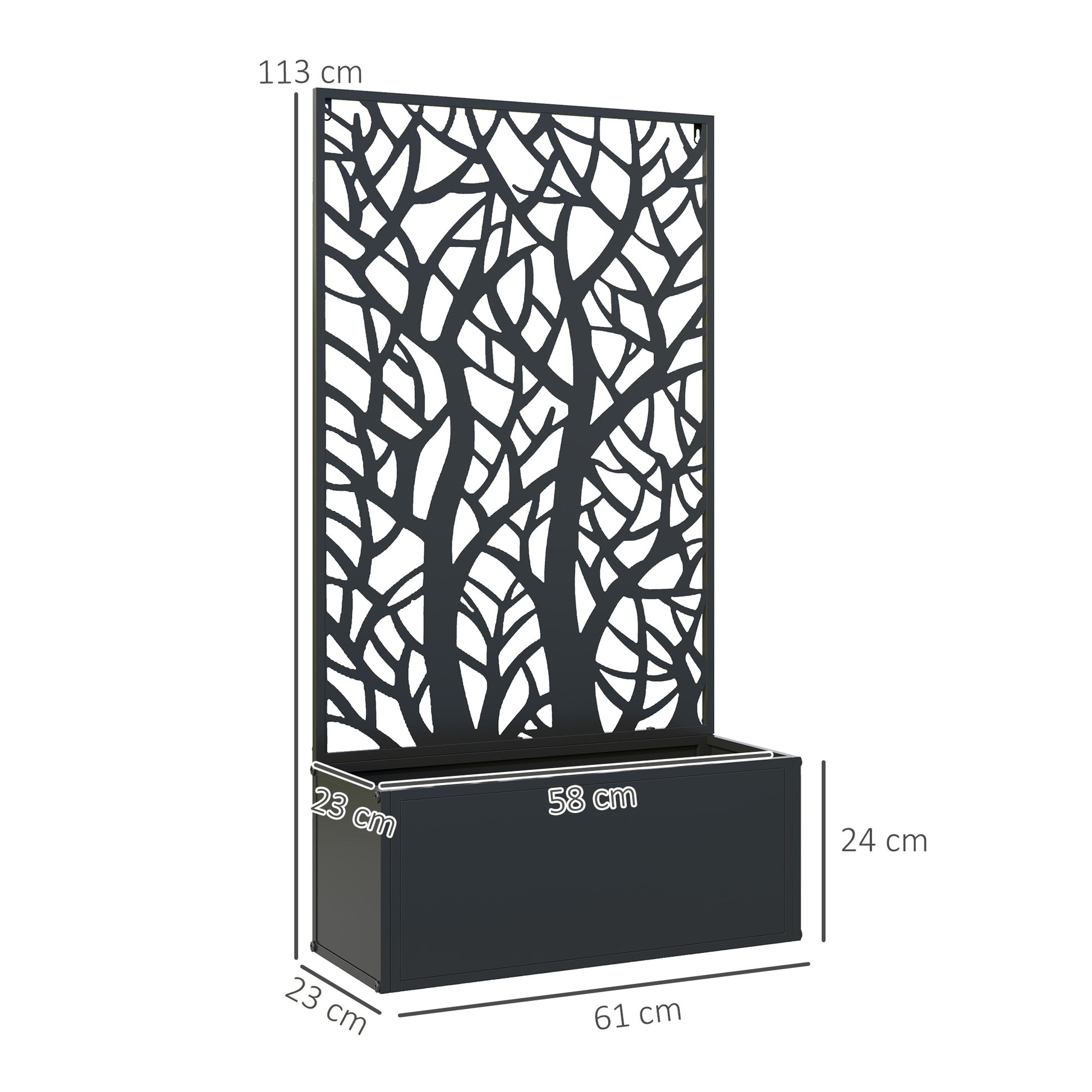 Outsunny Jardinera Exterior Grande de Metal Jardinera con Pantalla de Privacidad de Hojas Decorativas Jardinera de Pared o Independiente para Patio Terraza 61x23x113 cm Negro