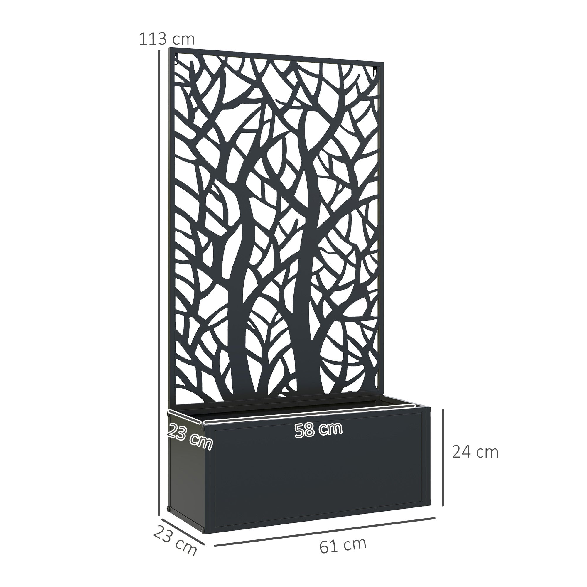 Outsunny Jardinera Exterior Grande de Metal Jardinera con Pantalla de Privacidad de Hojas Decorativas Jardinera de Pared o Independiente para Patio Terraza 61x23x113 cm Negro