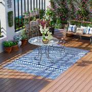 Outsunny Alfombra de Exterior 182x274 cm Alfombra Reversible con Patrón Geométrico Impermeable para Terraza Balcón Patio Camping Playa Azul Oscuro y Blanco