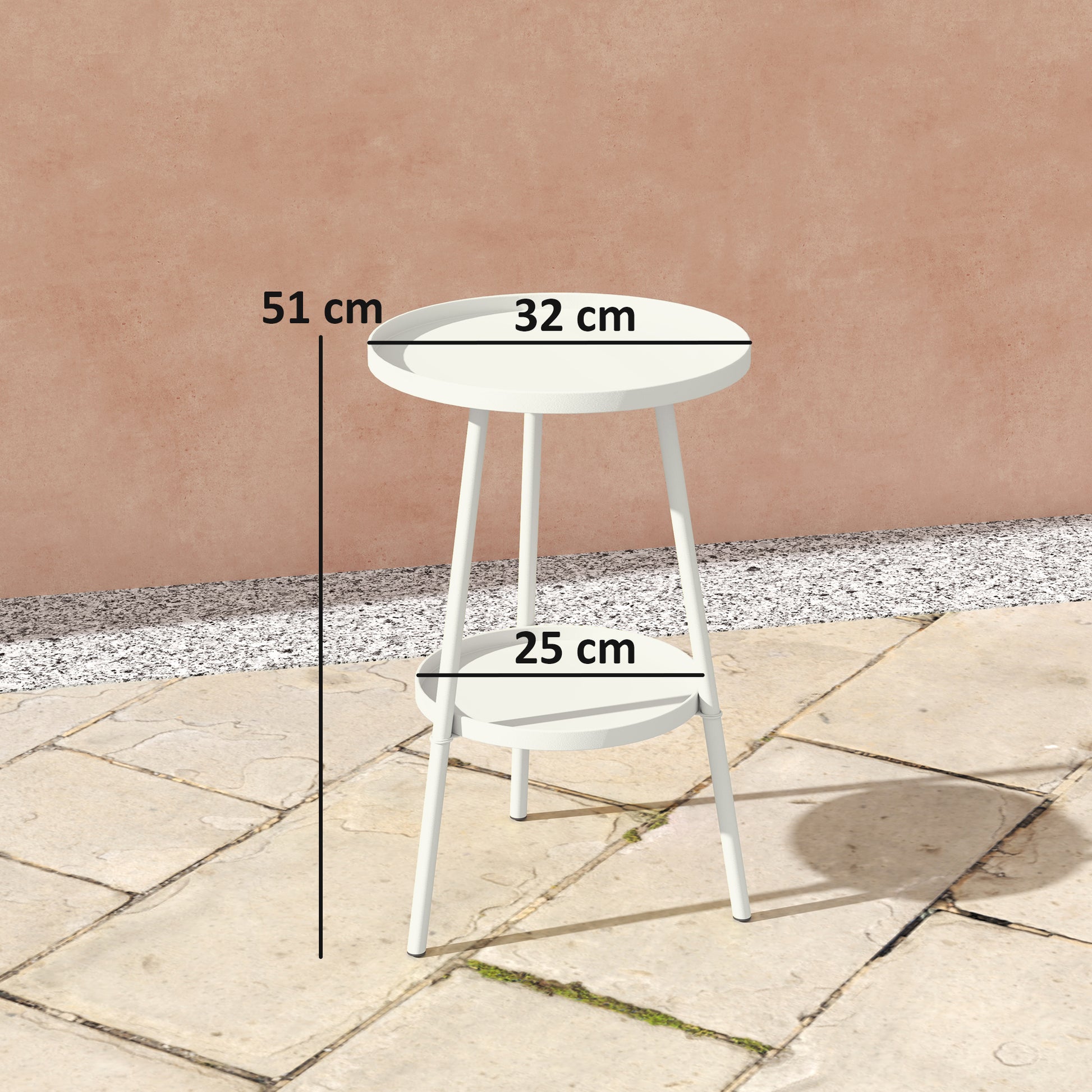 Outsunny Mesa de Jardín Redonda de 2 Niveles Mesa de Terraza Exterior Ø32x51 cm con Bandeja Inferior y Estructura de Metal para Exterior e Interior Blanco