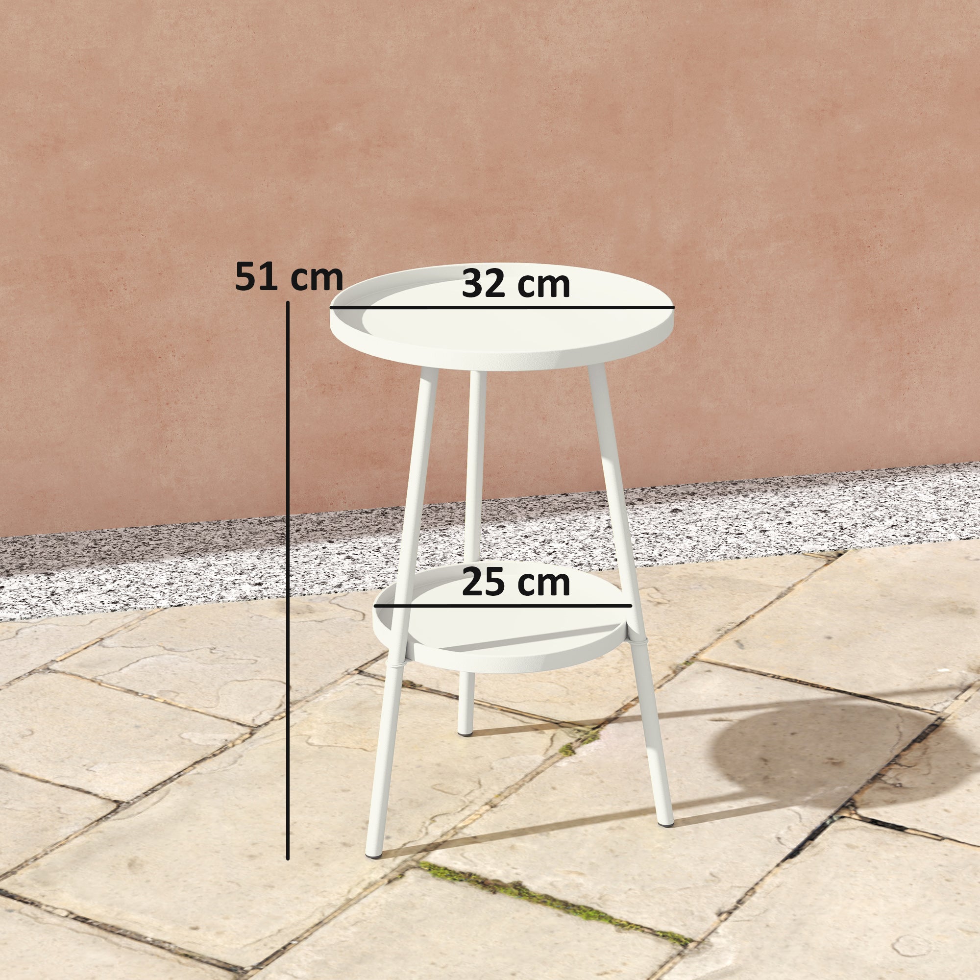 Outsunny Mesa de Jardín Redonda de 2 Niveles Mesa de Terraza Exterior Ø32x51 cm con Bandeja Inferior y Estructura de Metal para Exterior e Interior Blanco
