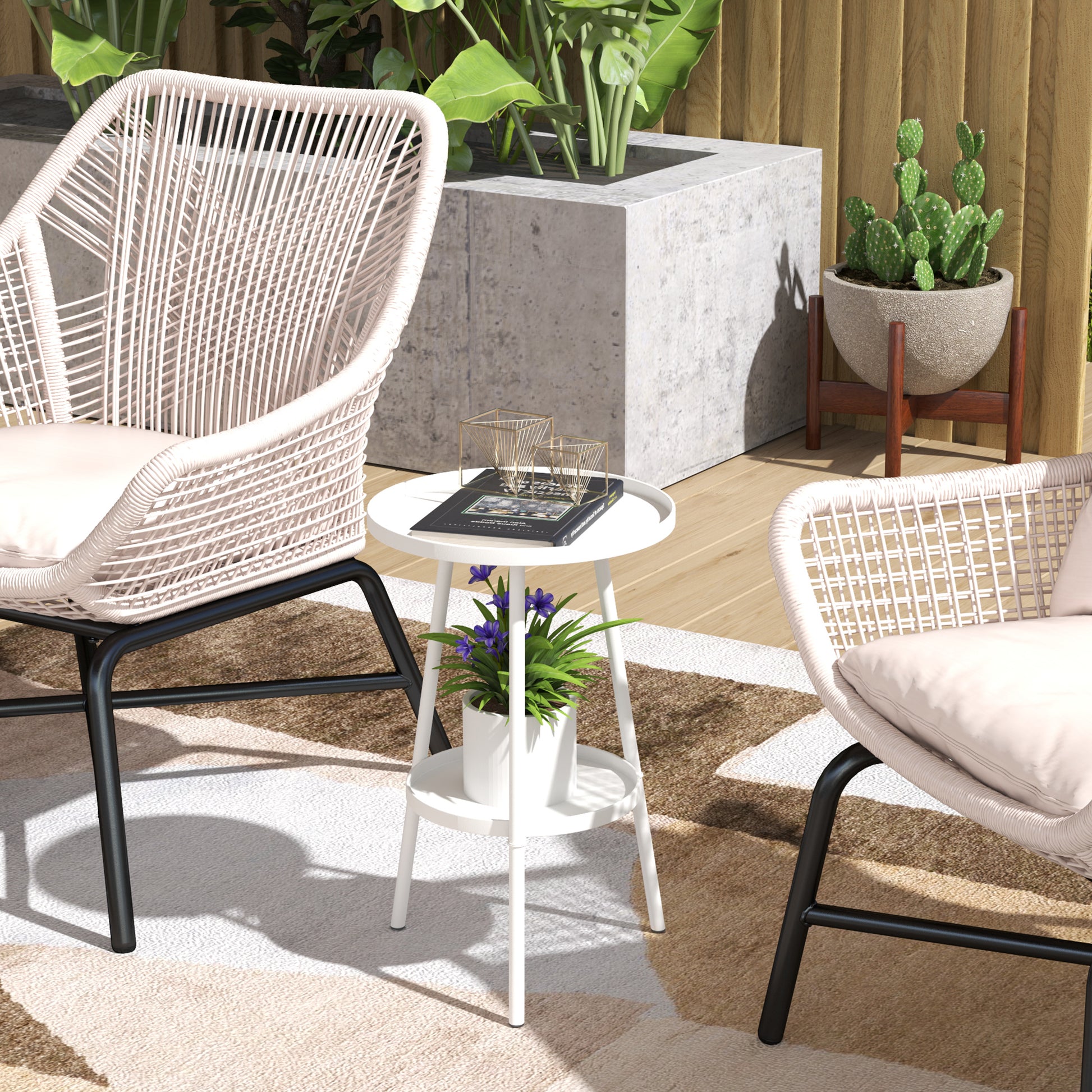 Outsunny Mesa de Jardín Redonda de 2 Niveles Mesa de Terraza Exterior Ø32x51 cm con Bandeja Inferior y Estructura de Metal para Exterior e Interior Blanco