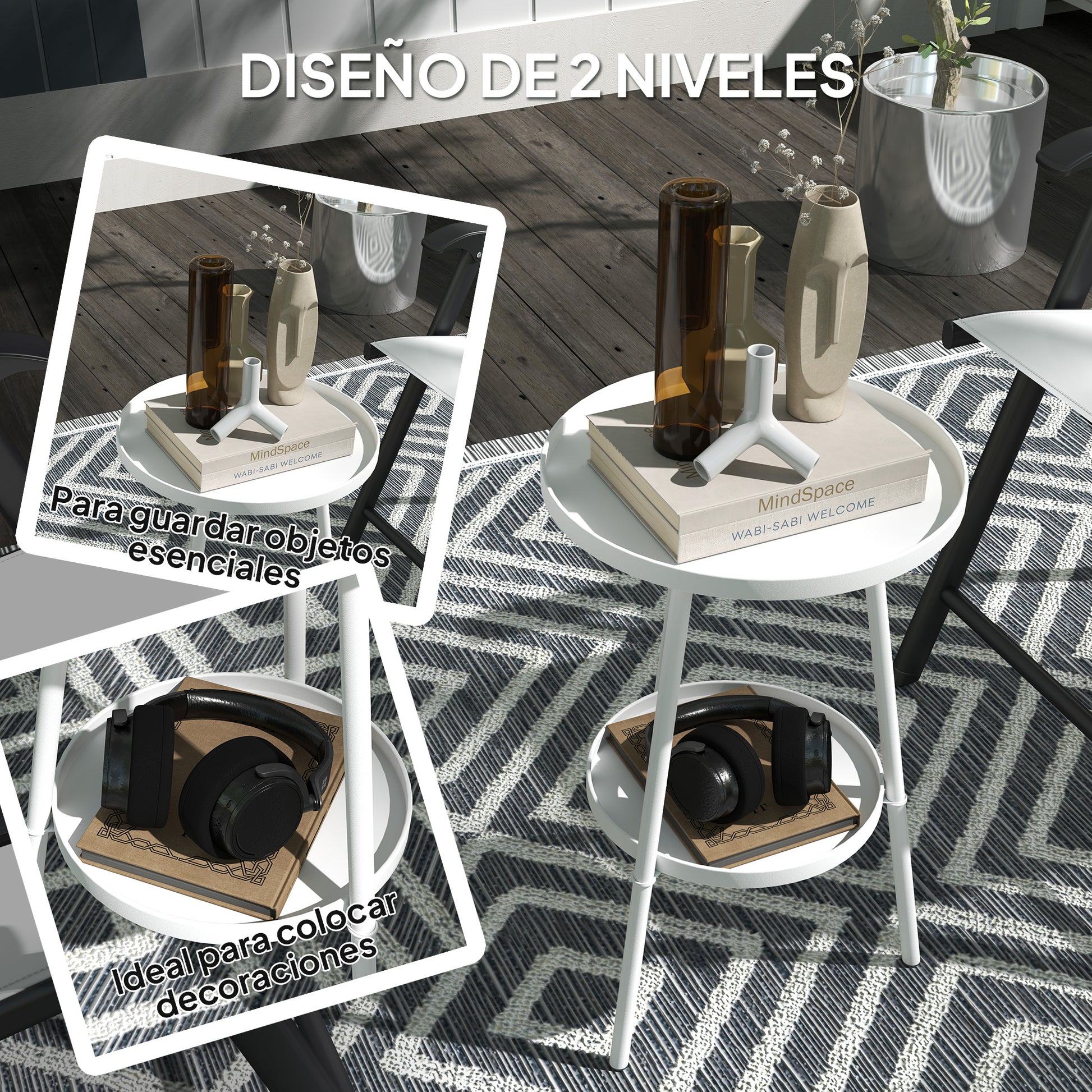 Outsunny Mesa de Jardín Redonda de 2 Niveles Mesa de Terraza Exterior Ø32x51 cm con Bandeja Inferior y Estructura de Metal para Exterior e Interior Blanco