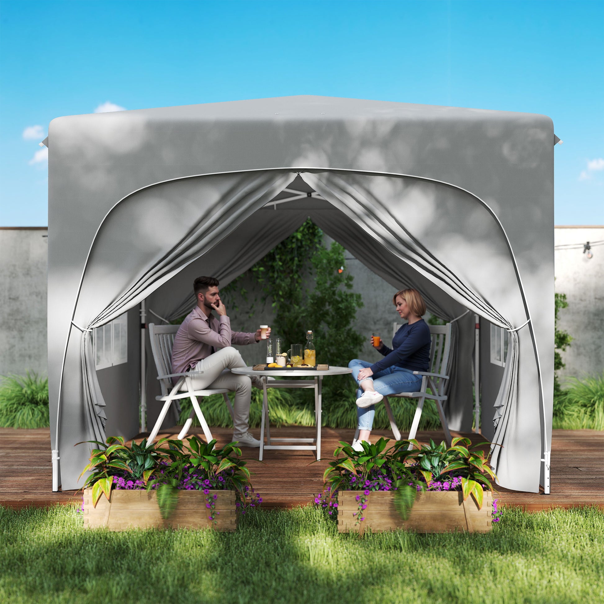 Outsunny Carpa Plegable 3x3 m, Cenador Pabellón de Jardín con Altura Ajustable de 3 Niveles, 4 Paredes Laterales, Ventanas y Bolsa Transporte, UPF50+, Impermeable para Fiestas, Exterior, Gris