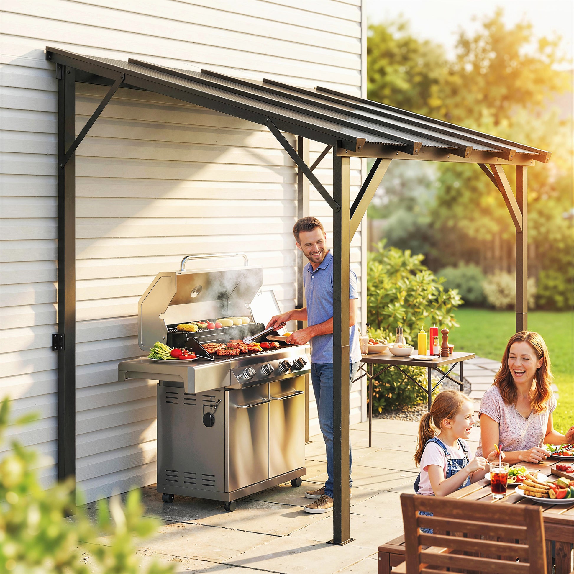 Outsunny Carpa Barbacoa 2,5x1,5 m, Gazebo para Barbacoa con Techo Inclinable de Policarbonato, UPF50+, Estructura de Metal Galvanizado y Aluminio, Diseño Adosado para Jardín Exterior, BBQ, Gris Oscuro