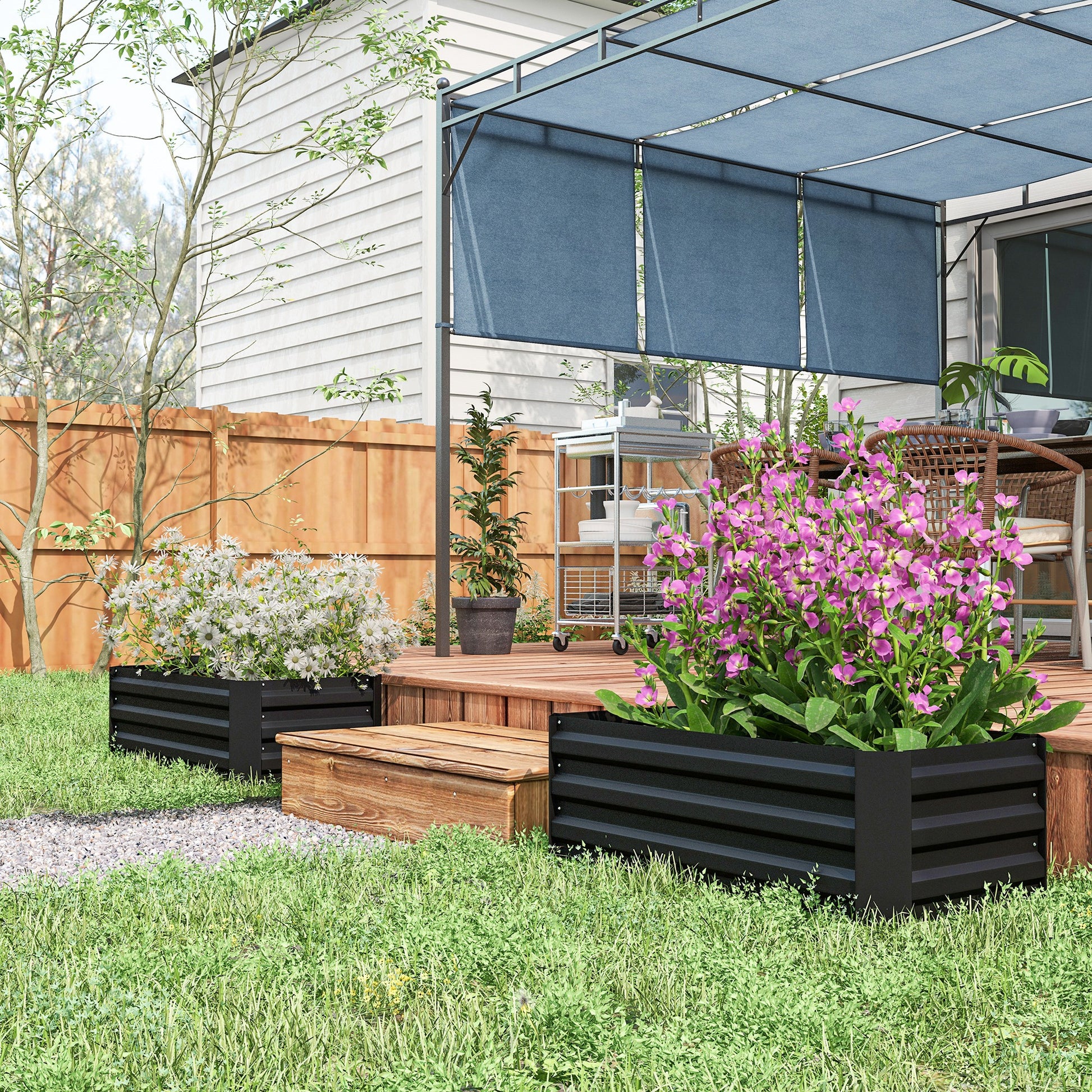 Outsunny Juego de 2 Jardineras Exterior Grandes de Acero Galvanizado, Huertos Urbanos, Maceteros Exterior Elevados para Plantas, Flores, Terraza, Resistente a la Intemperie, 100x50x30 cm, Negro