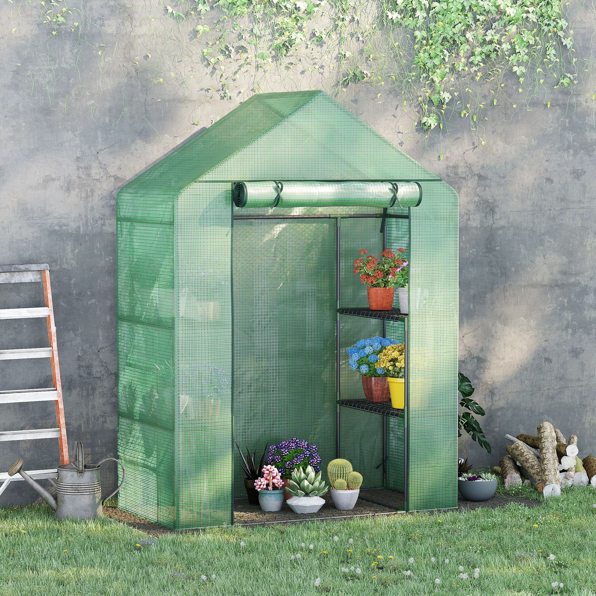 Outsunny Invernadero de Jardín 141x72x191 cm Vivero Casero con 4 Estantes Puerta Enrollable Cubierta de PE 140g/m² y Marco de Acero para Cultivos Plantas Macetas Flores Verde