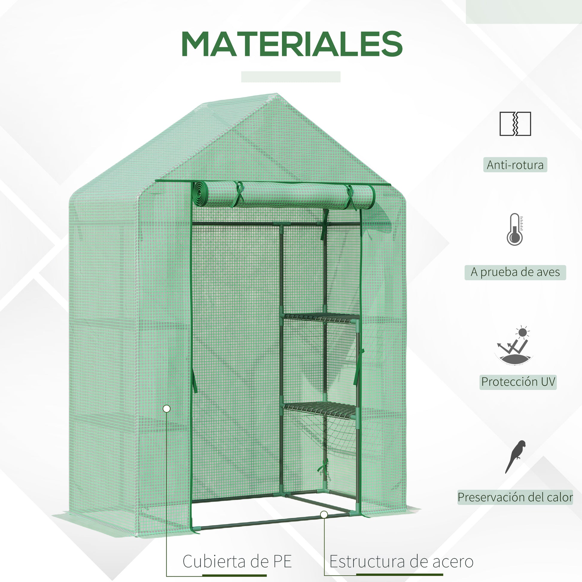 Outsunny Invernadero de Jardín 141x72x191 cm Vivero Casero con 4 Estantes Puerta Enrollable Cubierta de PE 140g/m² y Marco de Acero para Cultivos Plantas Macetas Flores Verde