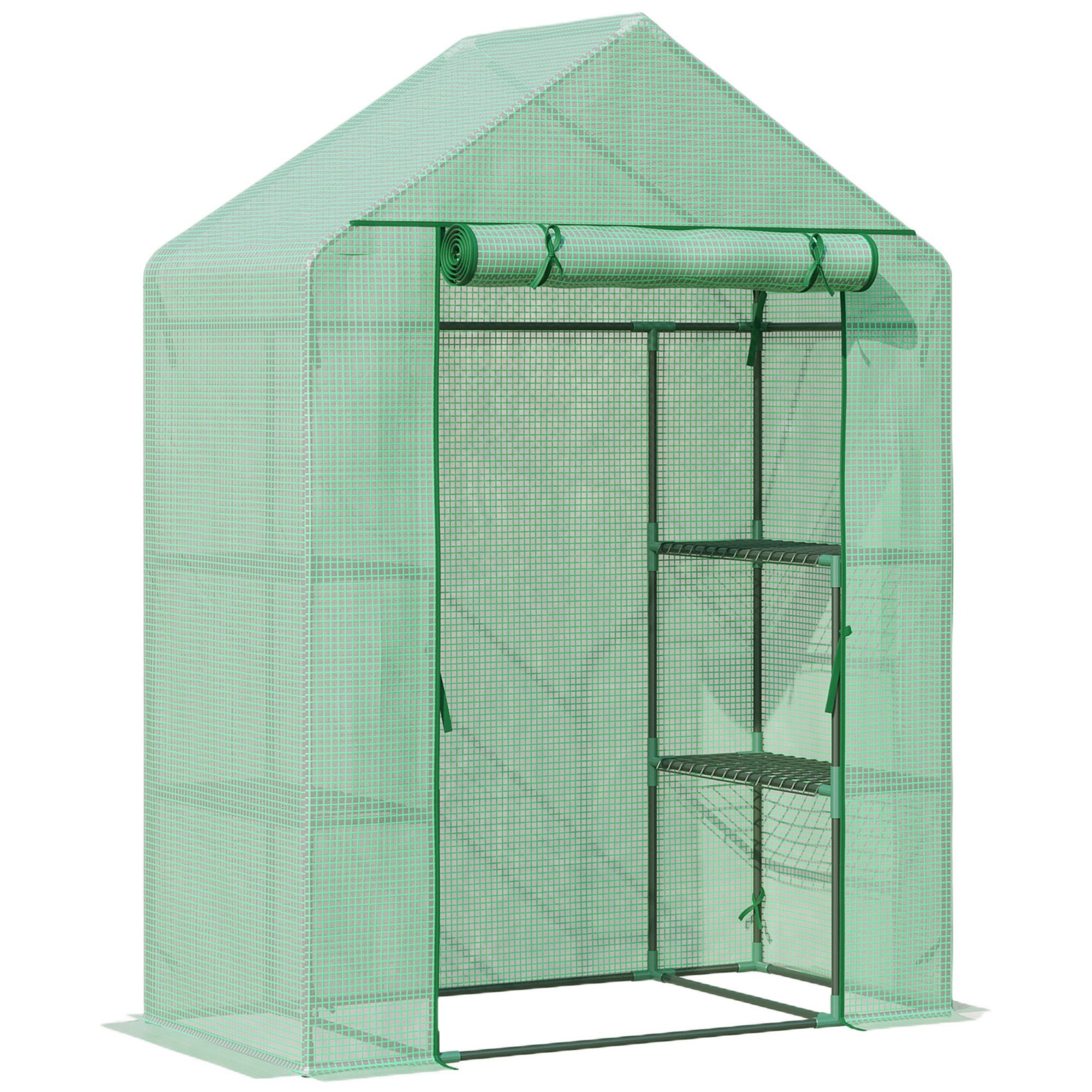 Outsunny Invernadero de Jardín 141x72x191 cm Vivero Casero con 4 Estantes Puerta Enrollable Cubierta de PE 140g/m² y Marco de Acero para Cultivos Plantas Macetas Flores Verde