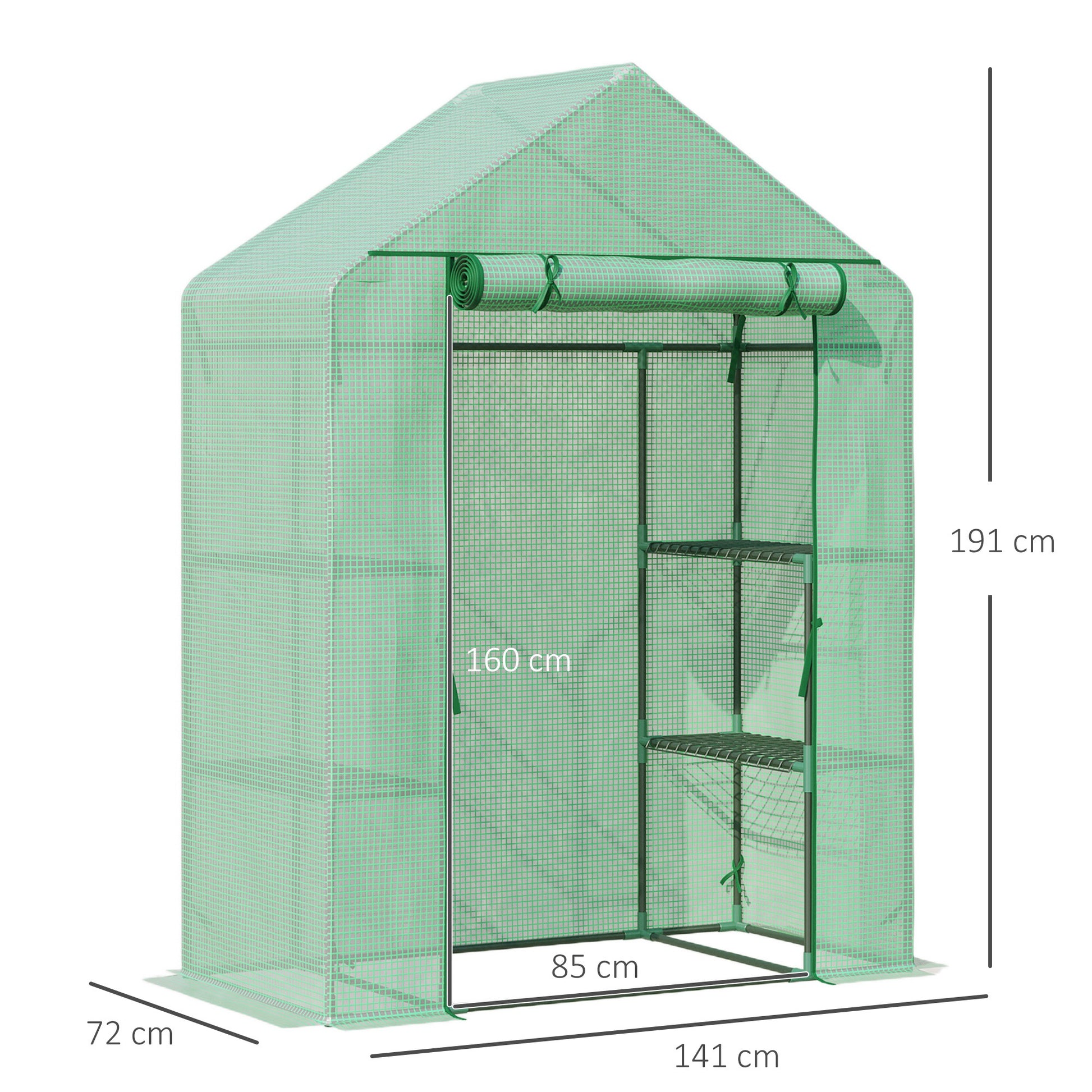 Outsunny Invernadero de Jardín 141x72x191 cm Vivero Casero con 4 Estantes Puerta Enrollable Cubierta de PE 140g/m² y Marco de Acero para Cultivos Plantas Macetas Flores Verde