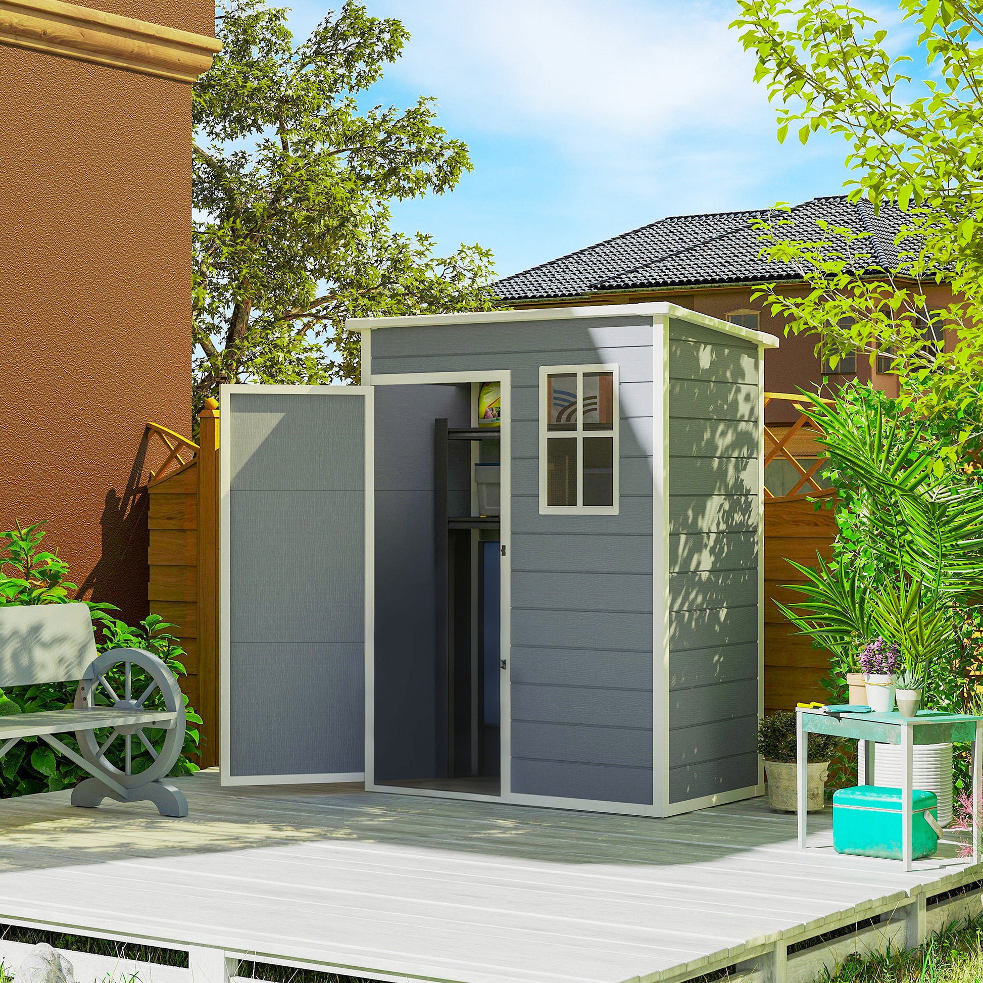 Outsunny Caseta de Jardín Exterior, 1,14 m², 151x92x193 cm, Cobertizo de Jardín Exterior con Suelo, Puerta Corredera, Ventana y Techo Inclinado, para Almacenamiento de Herramientas, Gris
