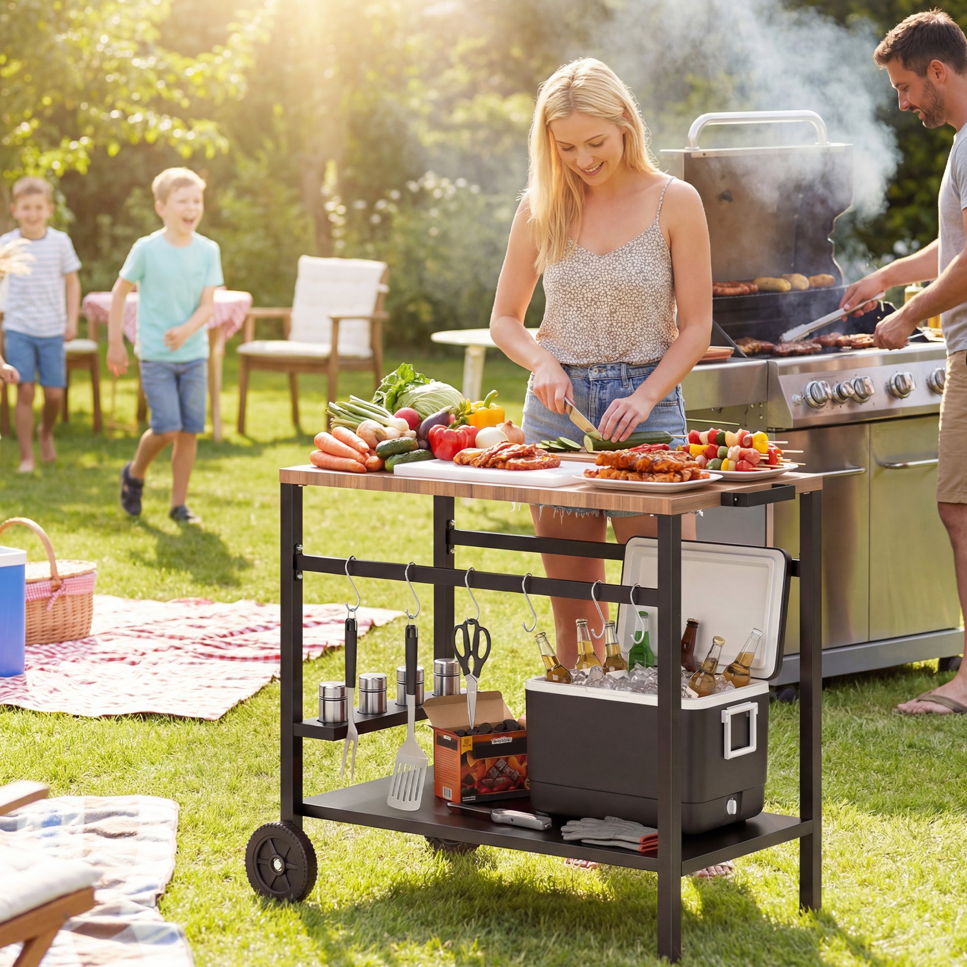 Outsunny Carrito de Barbacoa de 2 Niveles Mesa Auxiliar para Barbacoa Móvil con Ruedas Portabebidas Ganchos Asa Encimera Imitación madera Mesa de Horno de Pizza para Exterior Negro y Marrón