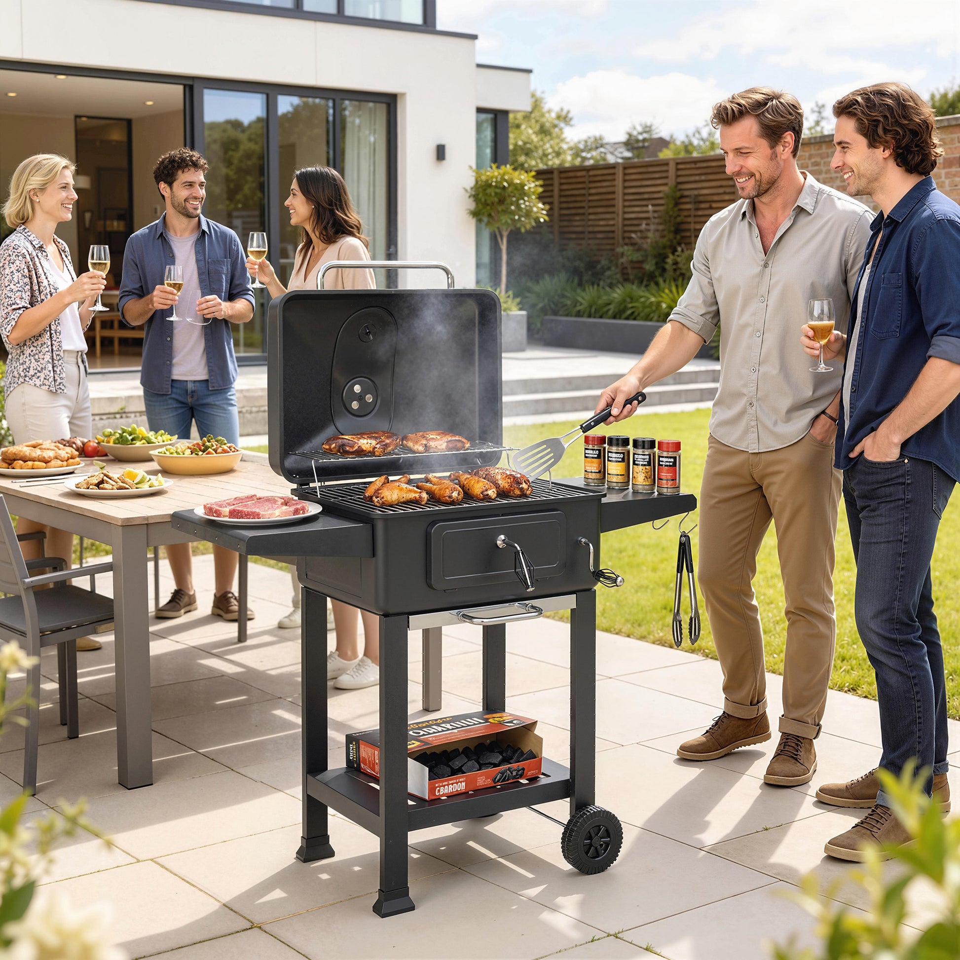 Outsunny Barbacoa de Carbón Portátil, Barbacoa de Carbón Móvil con Bandeja y Ventilación Ajustable, Estantes Laterales, Termómetro, Tapa, Cajón de Cenizas, Ruedas, Puerta Frontal, Asa, Negro