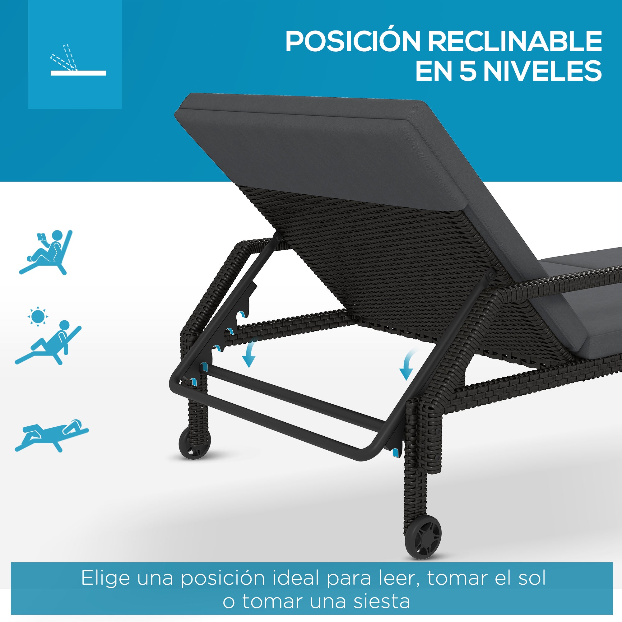 Outsunny Tumbona de Ratán Chaise Longue de Jardín con Respaldo Ajustable en 5 Posiciones Cojín Acolchado y 2 Ruedas Carga 120 kg 73x200x48 cm Gris Oscuro y Negro