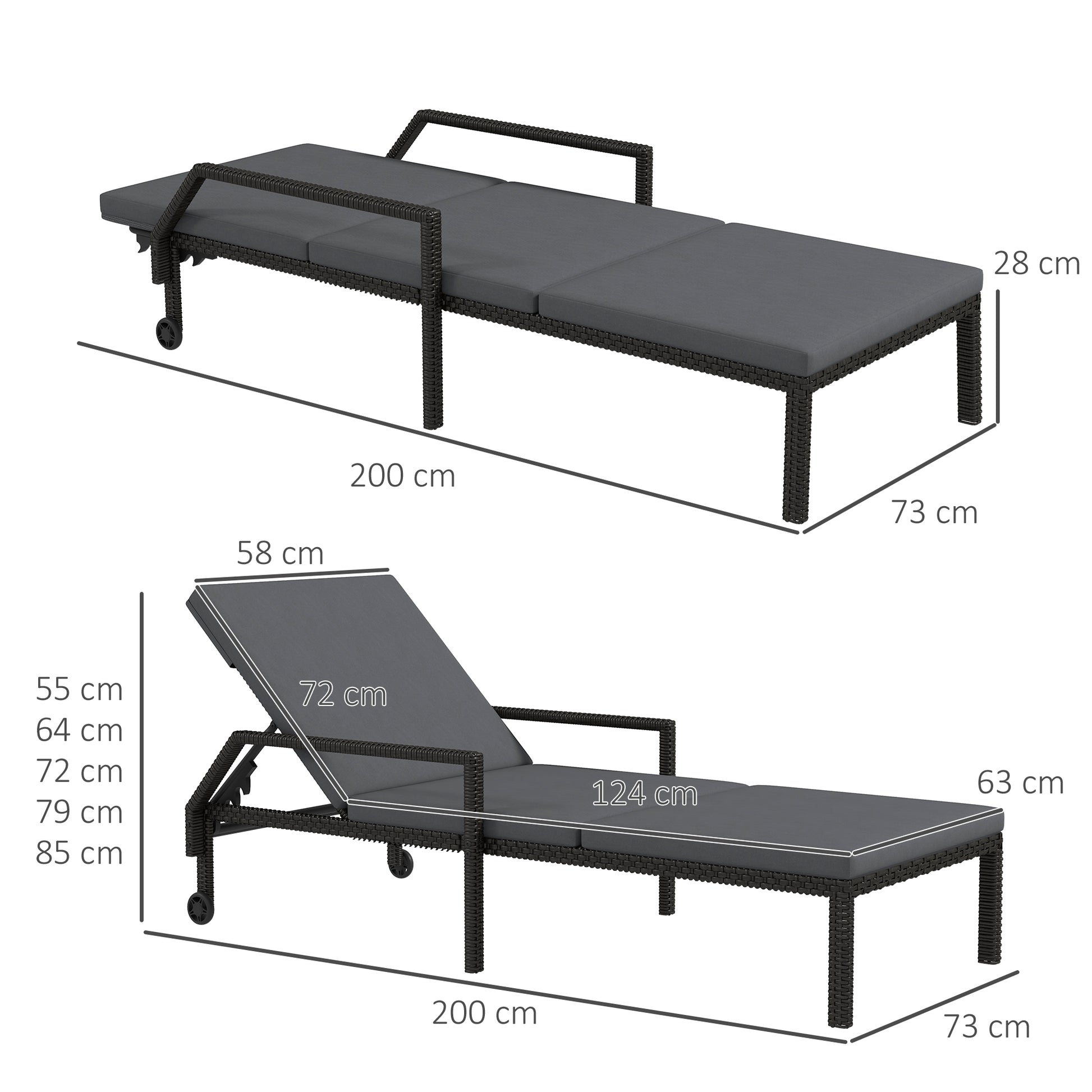 Outsunny Tumbona de Ratán Chaise Longue de Jardín con Respaldo Ajustable en 5 Posiciones Cojín Acolchado y 2 Ruedas Carga 120 kg 73x200x48 cm Gris Oscuro y Negro