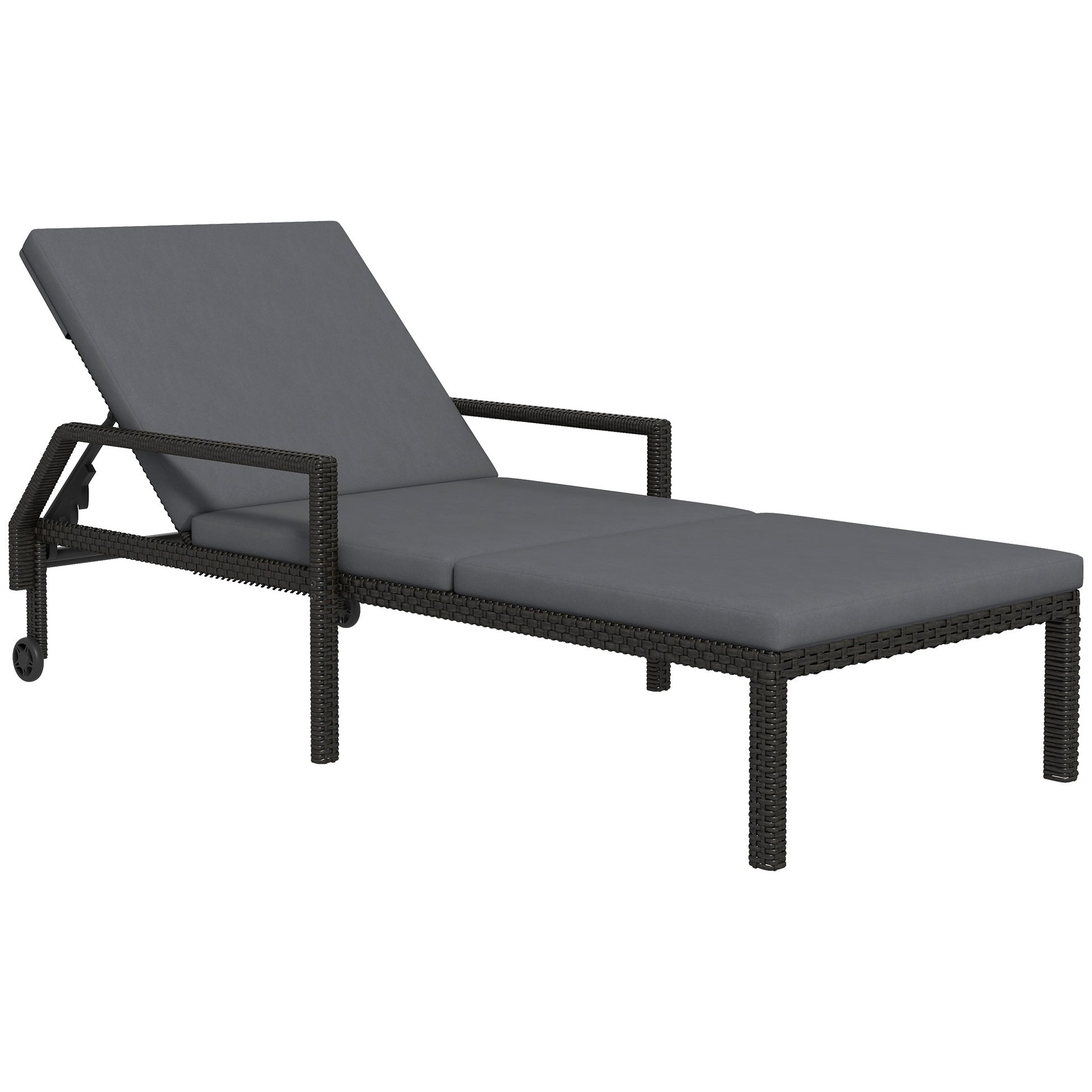 Outsunny Tumbona de Ratán Chaise Longue de Jardín con Respaldo Ajustable en 5 Posiciones Cojín Acolchado y 2 Ruedas Carga 120 kg 73x200x48 cm Gris Oscuro y Negro