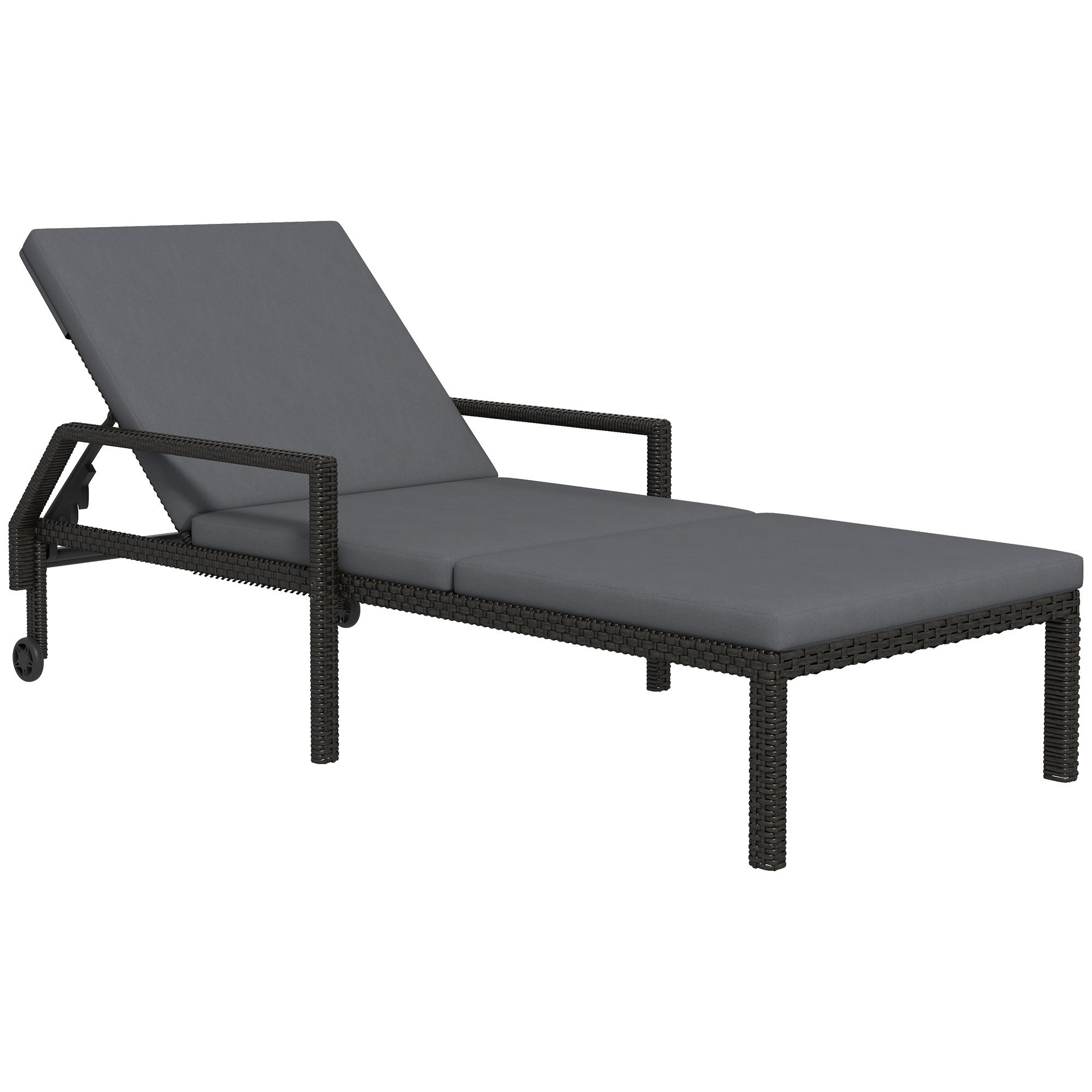 Outsunny Tumbona de Ratán Chaise Longue de Jardín con Respaldo Ajustable en 5 Posiciones Cojín Acolchado y 2 Ruedas Carga 120 kg 73x200x48 cm Gris Oscuro y Negro